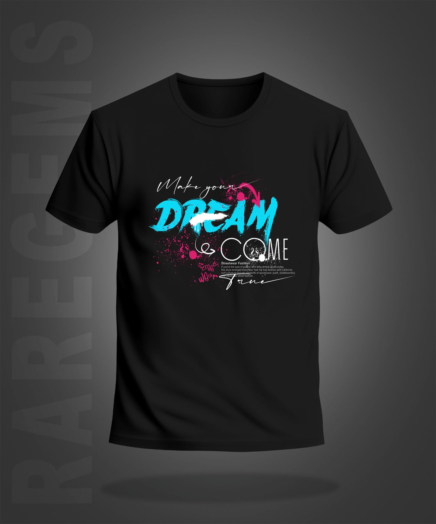Black Round Neck Half Sleeve Dream Come True Graffiti Printed Regular T-Shirt