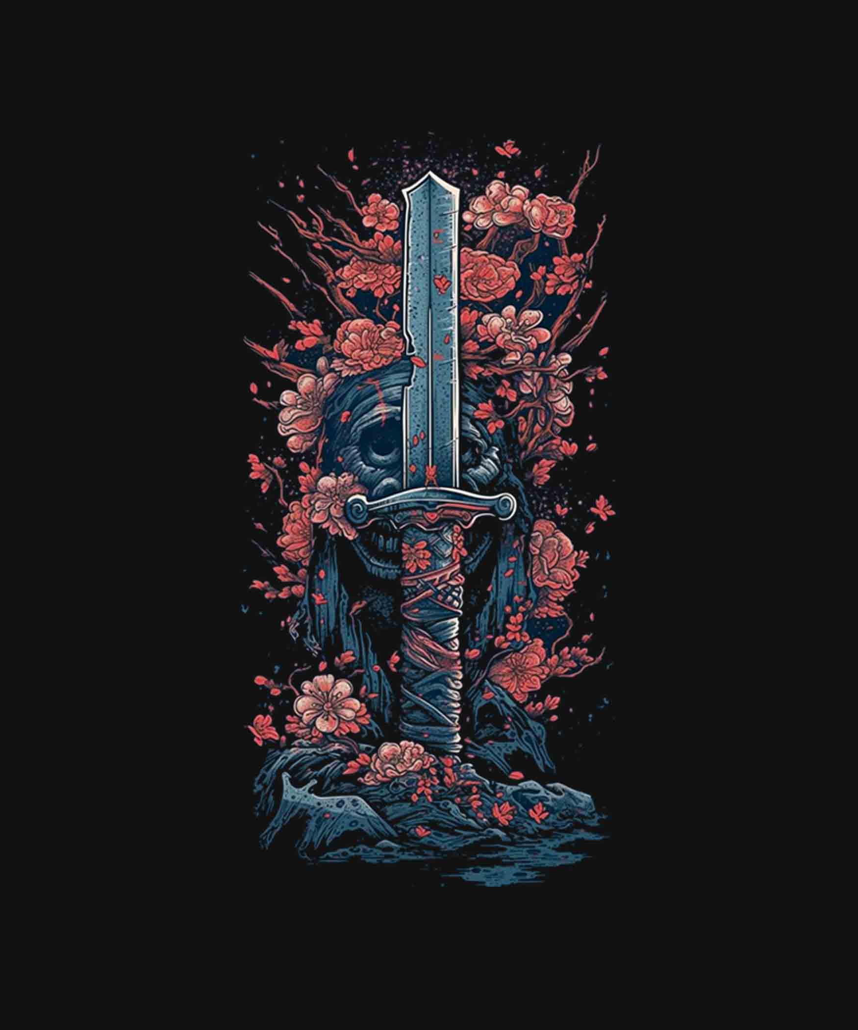 Black Round Neck Sword With Pink Flowers Printed Full Sleeves T-Shirt