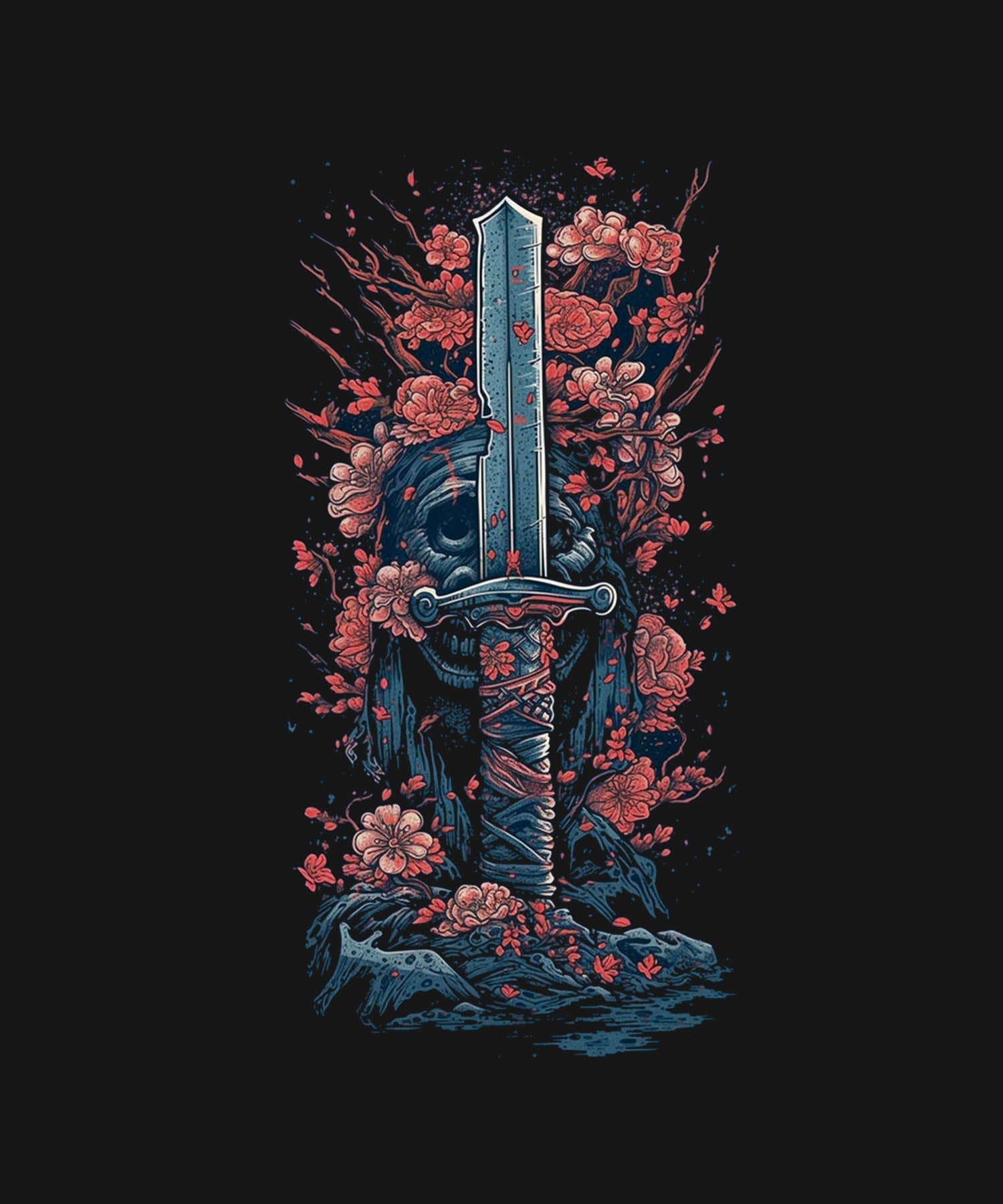 Black Half Sleeve Round Neck Sword With Pink Flowers Printed Regular T-Shirt