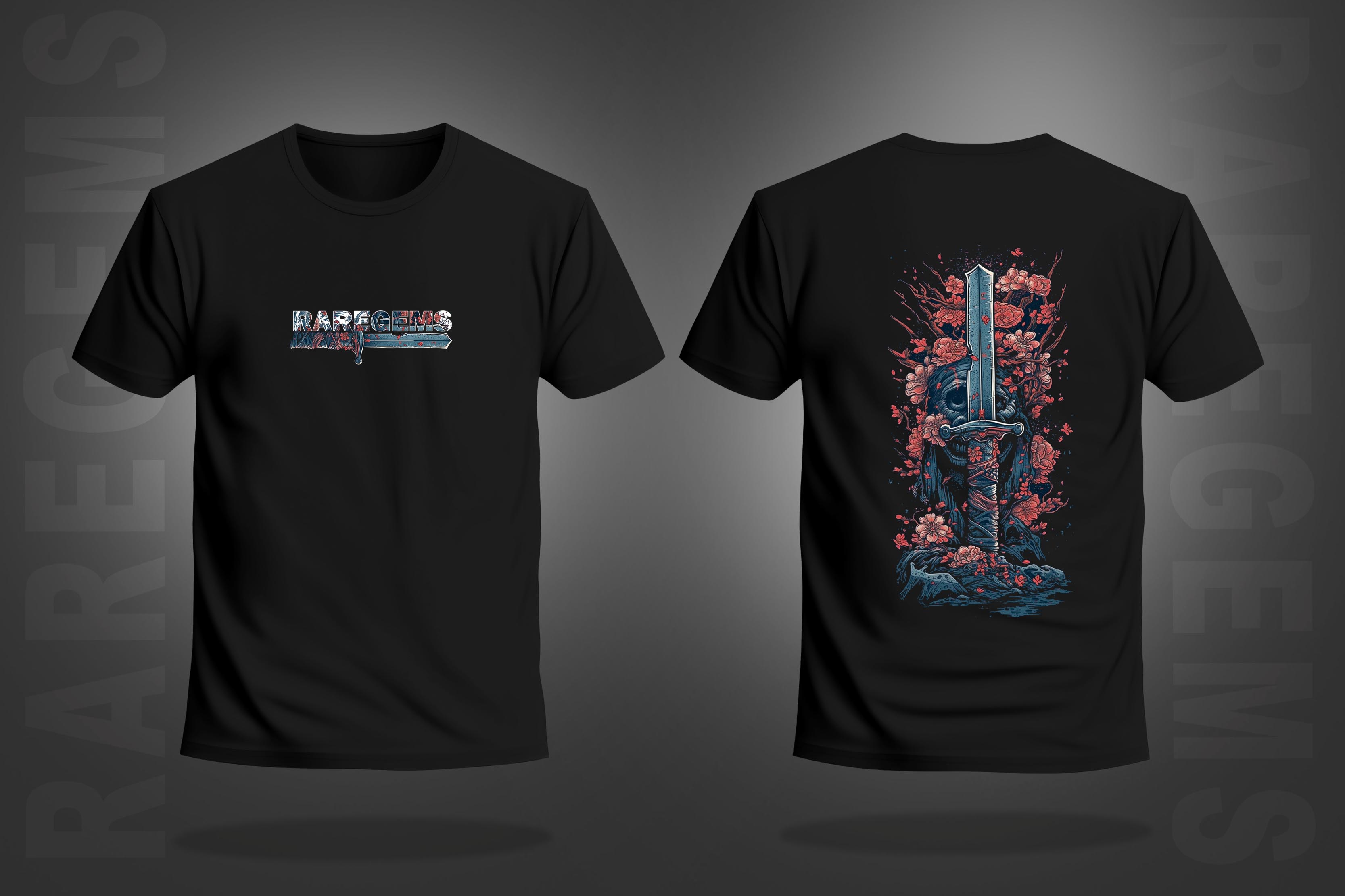 Black Half Sleeve Round Neck Sword With Pink Flowers Printed Regular T-Shirt
