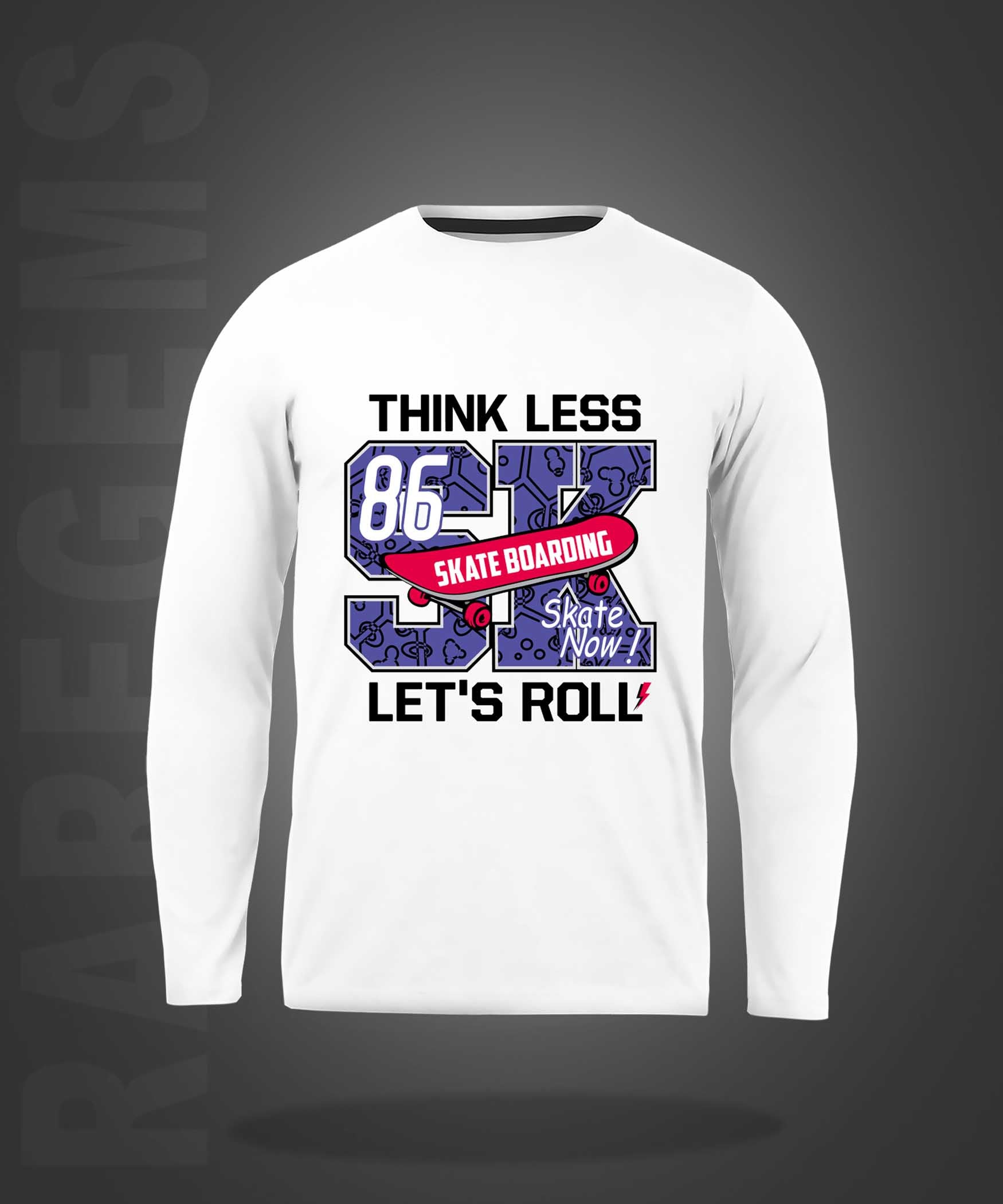White Round Neck Skate Boarding Printed Full Sleeves T-Shirt