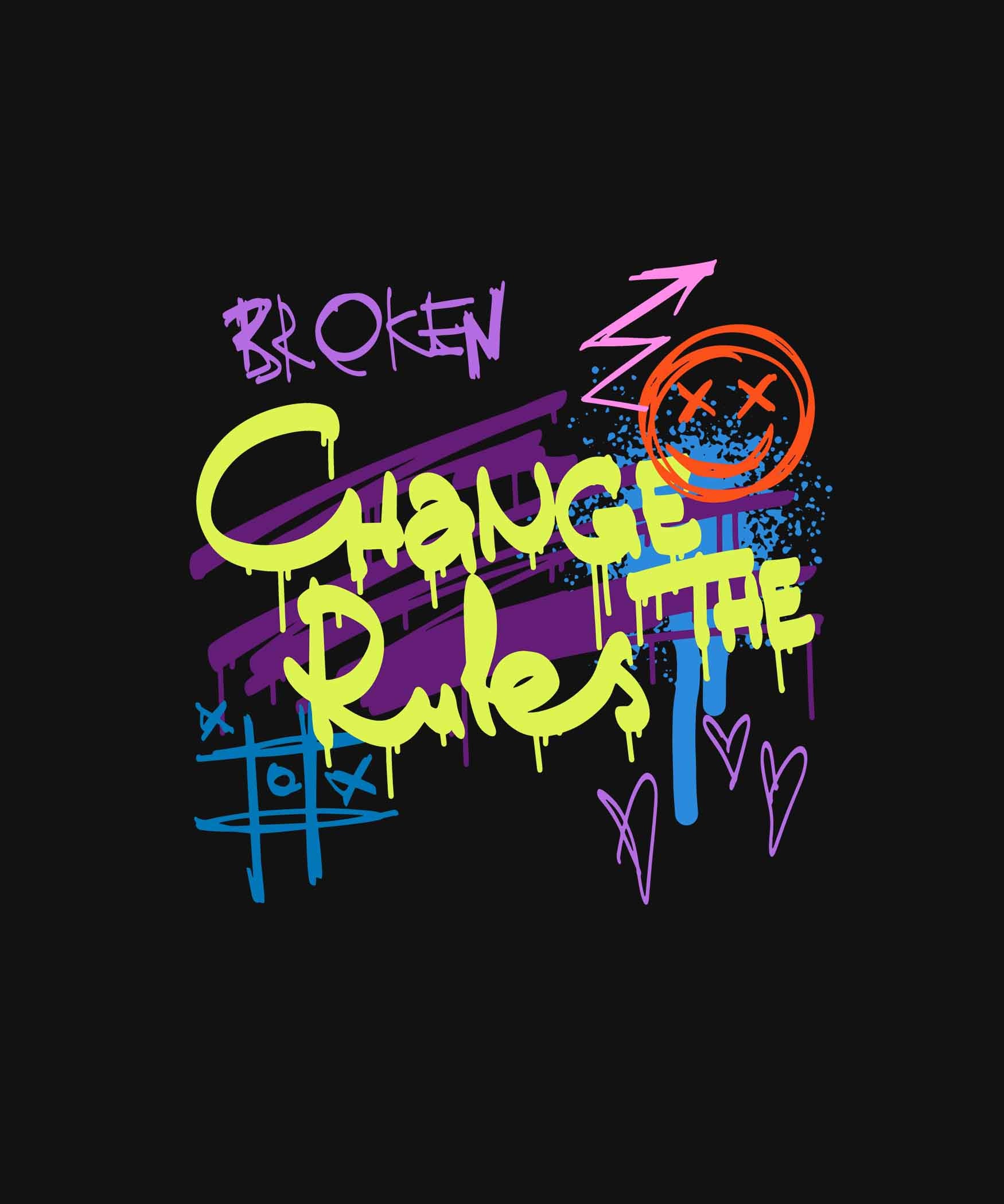 Black Round Neck Change The Rules Graffiti Printed Full Sleeves T-Shirt