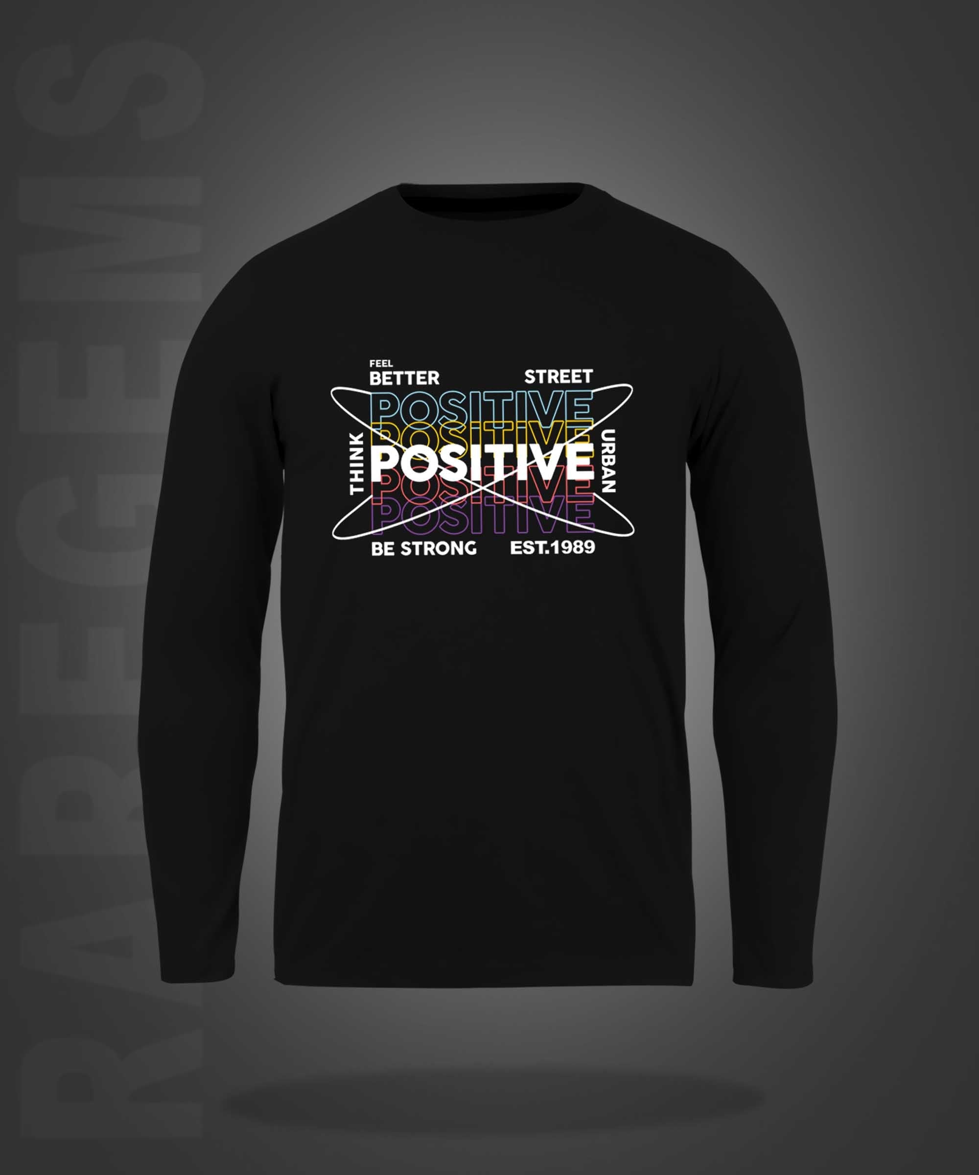 Black Round Neck Think Positive Printed Full Sleeves T-Shirt