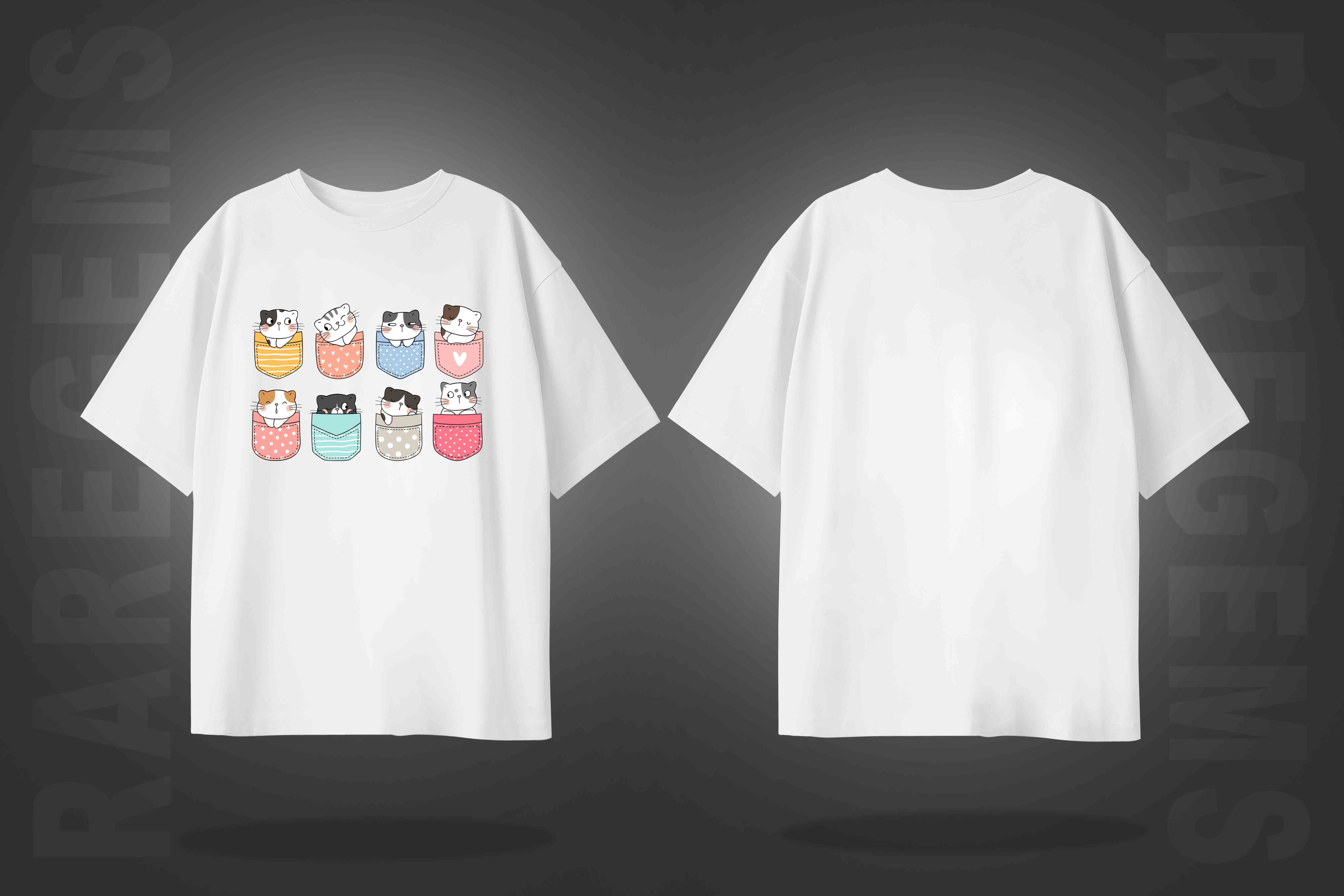 White Half Sleeve Cute Pocket Cats Printed Oversized T-Shirt