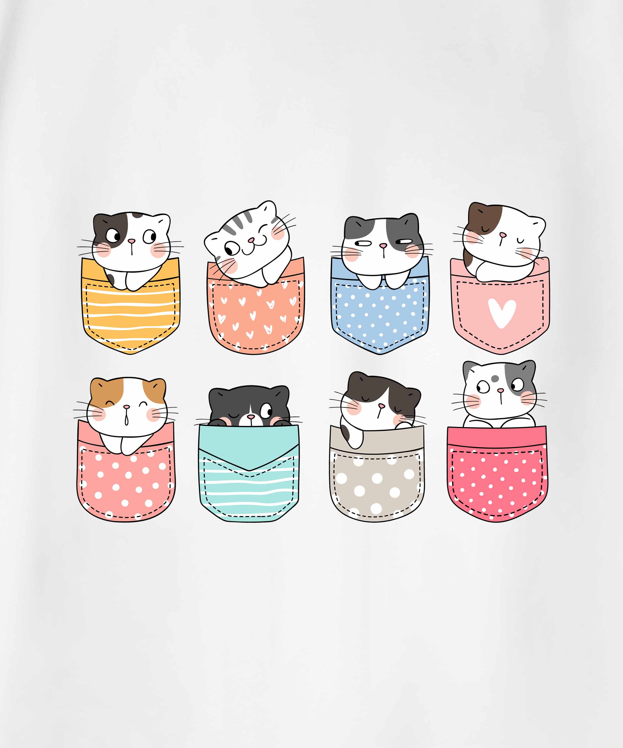 White Half Sleeve Cute Pocket Cats Printed Oversized T-Shirt