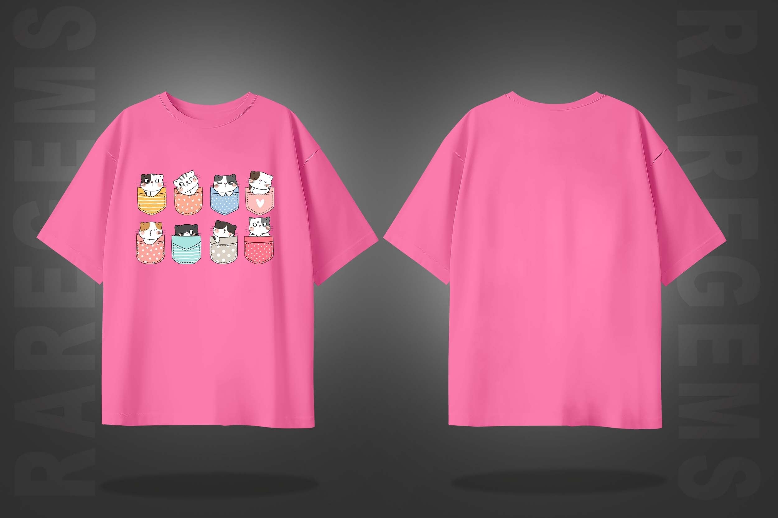 Pink Half Sleeve Round Neck Pocket Cats Printed Oversized T-Shirt