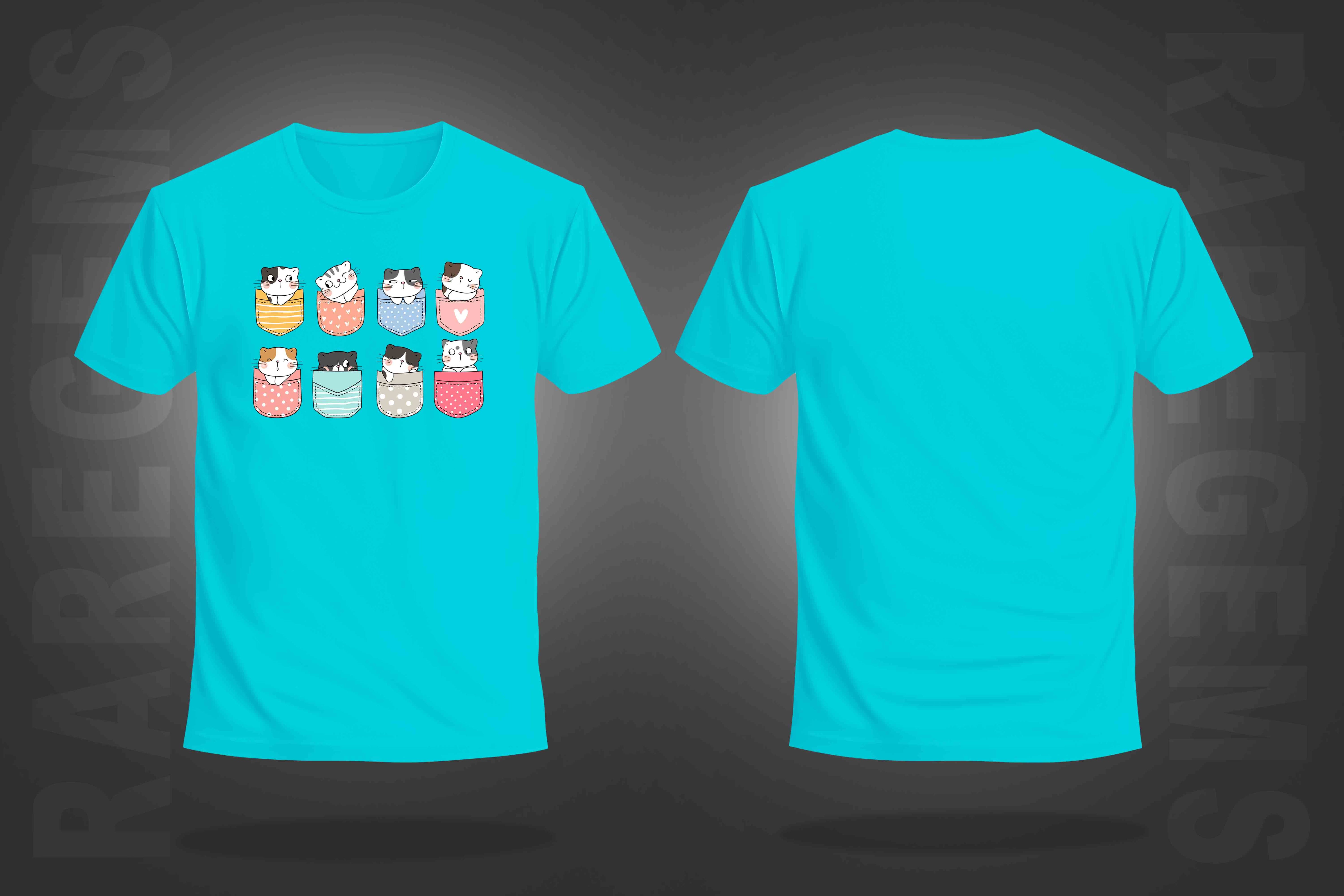 Cyan Round Neck Half Sleeve Pocket Cats Printed Regular T-Shirt