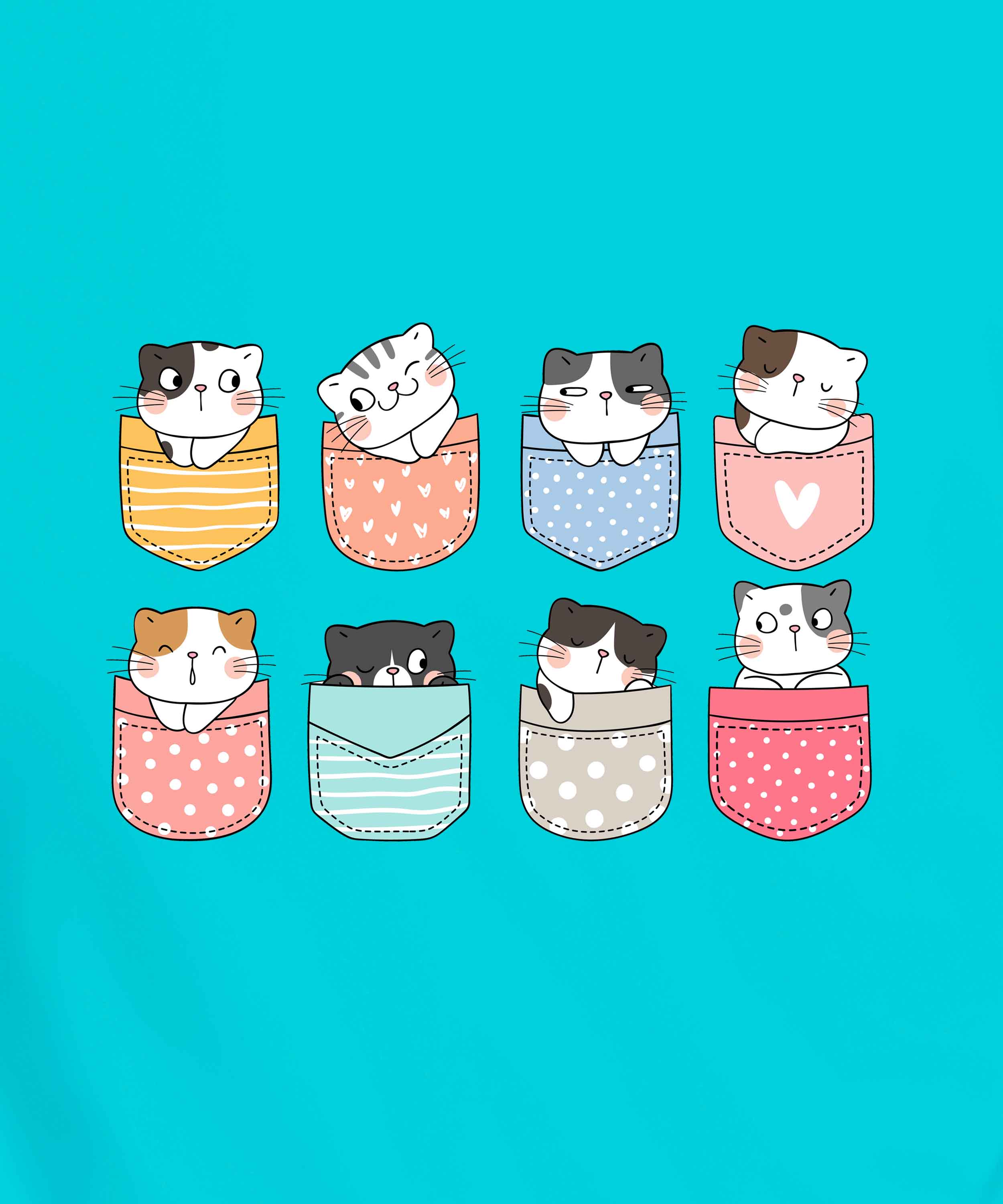 Cyan Round Neck Half Sleeve Pocket Cats Printed Regular T-Shirt