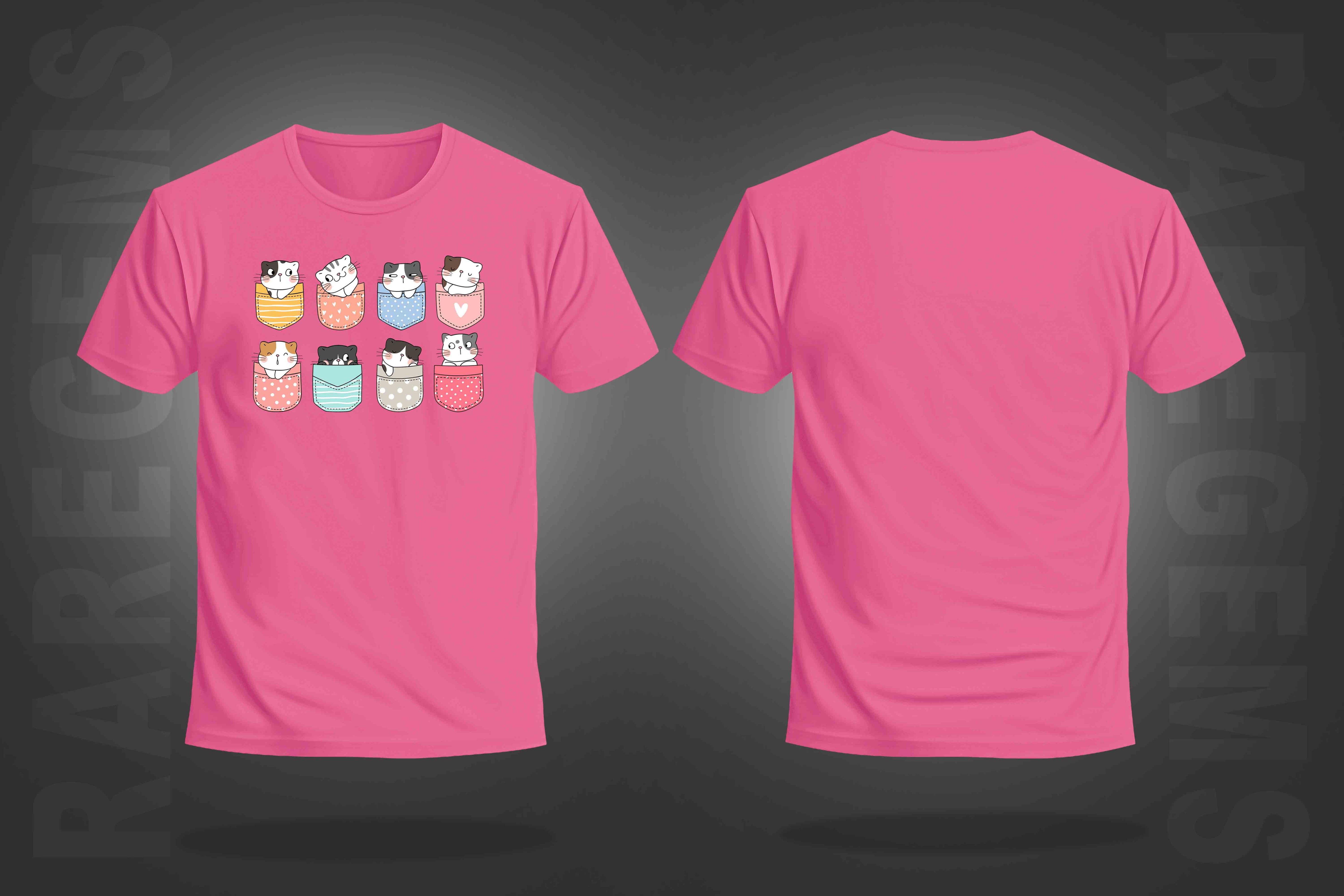 Pink Round Neck Half Sleeve Pocket Cats Printed Regular T-Shirt