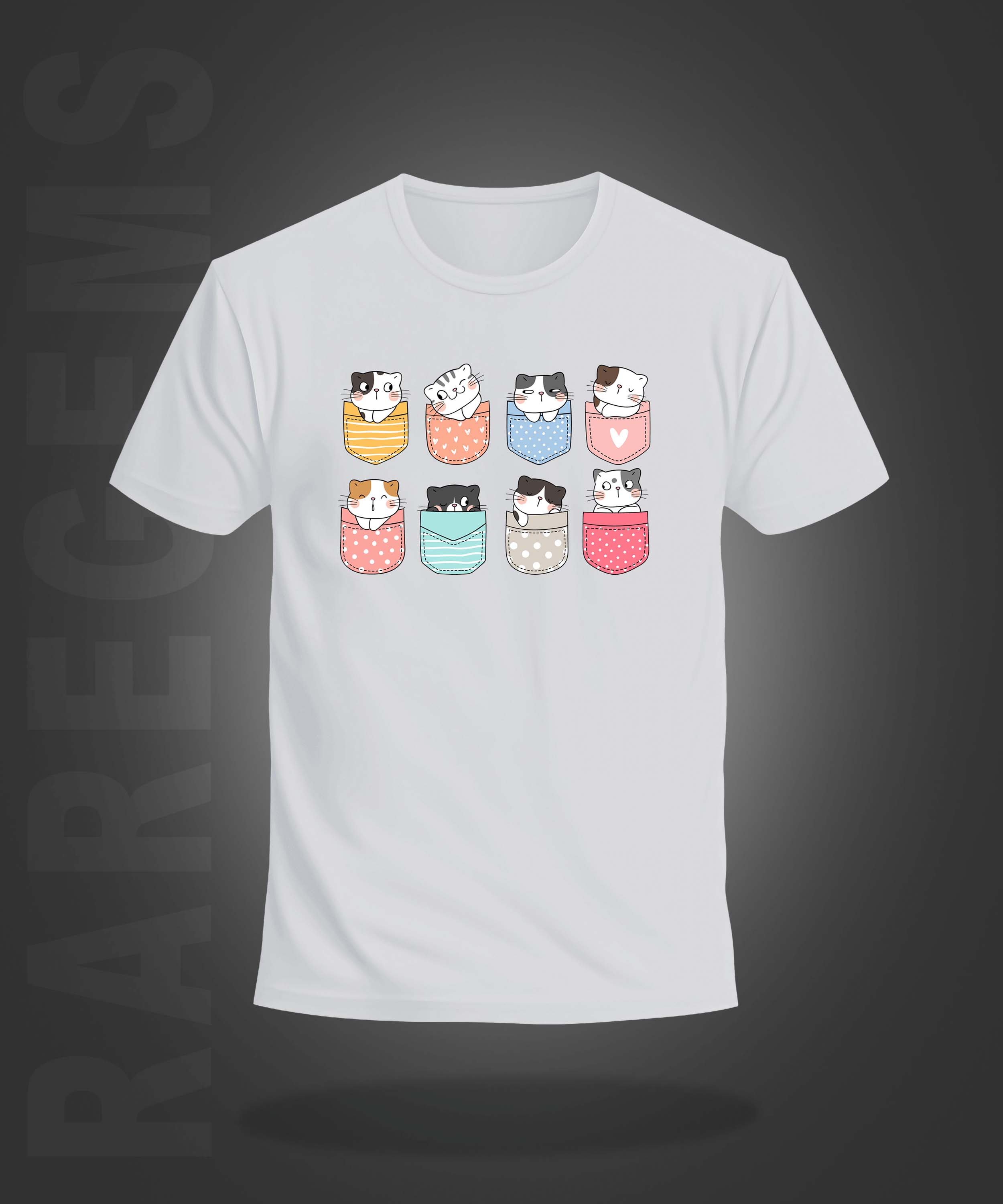 White Round Neck Half Sleeve Pocket Cats Printed Regular T-Shirt