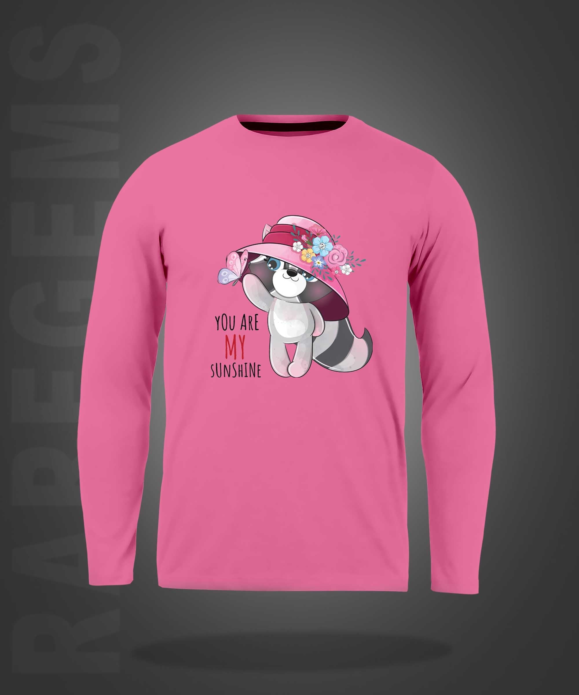 Pink Round Neck Cute Cat You Are My Sunshine Printed Full Sleeves T-Shirt