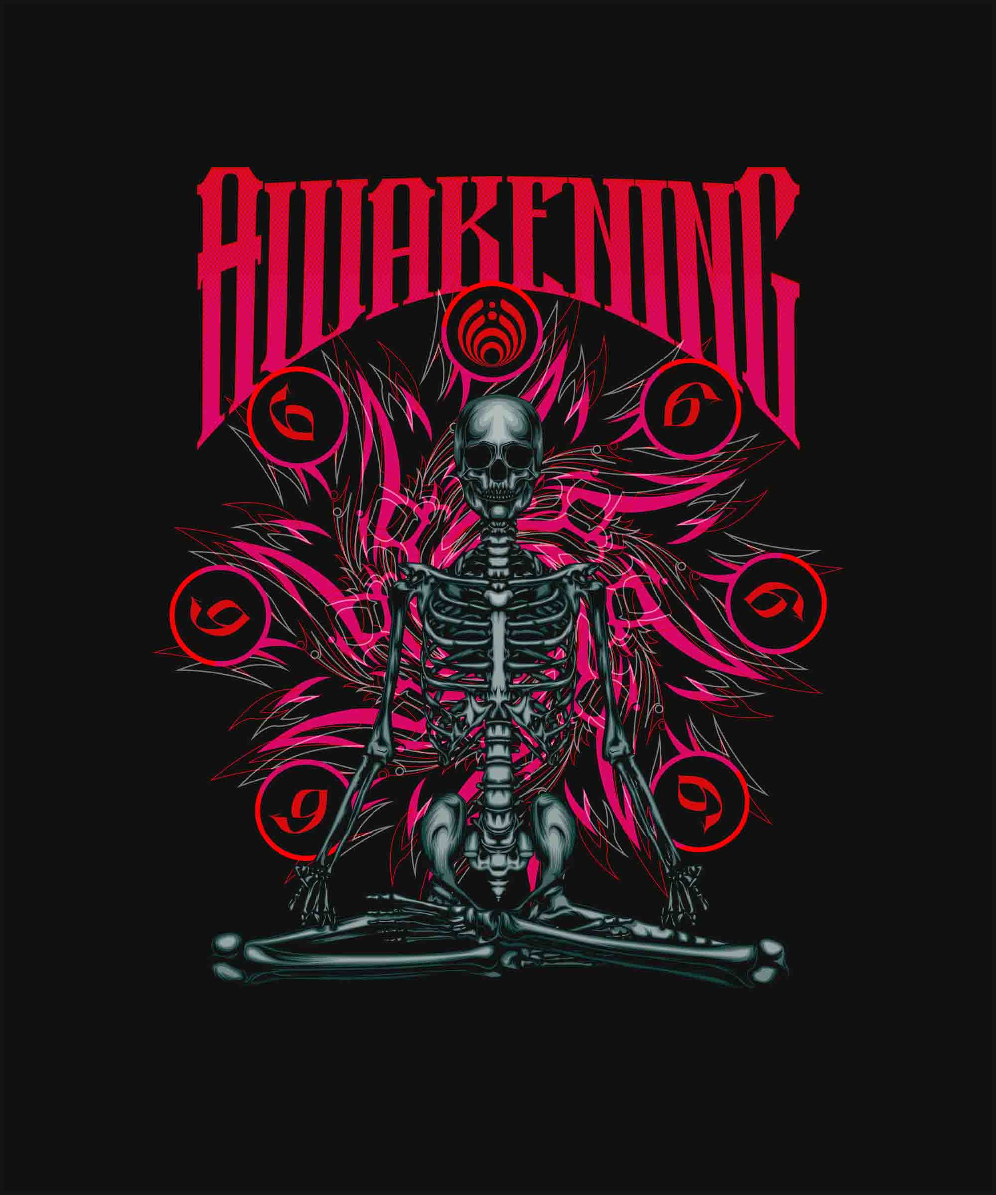 Black Round Neck Awakening Skeleton Printed Full Sleeves T-Shirt