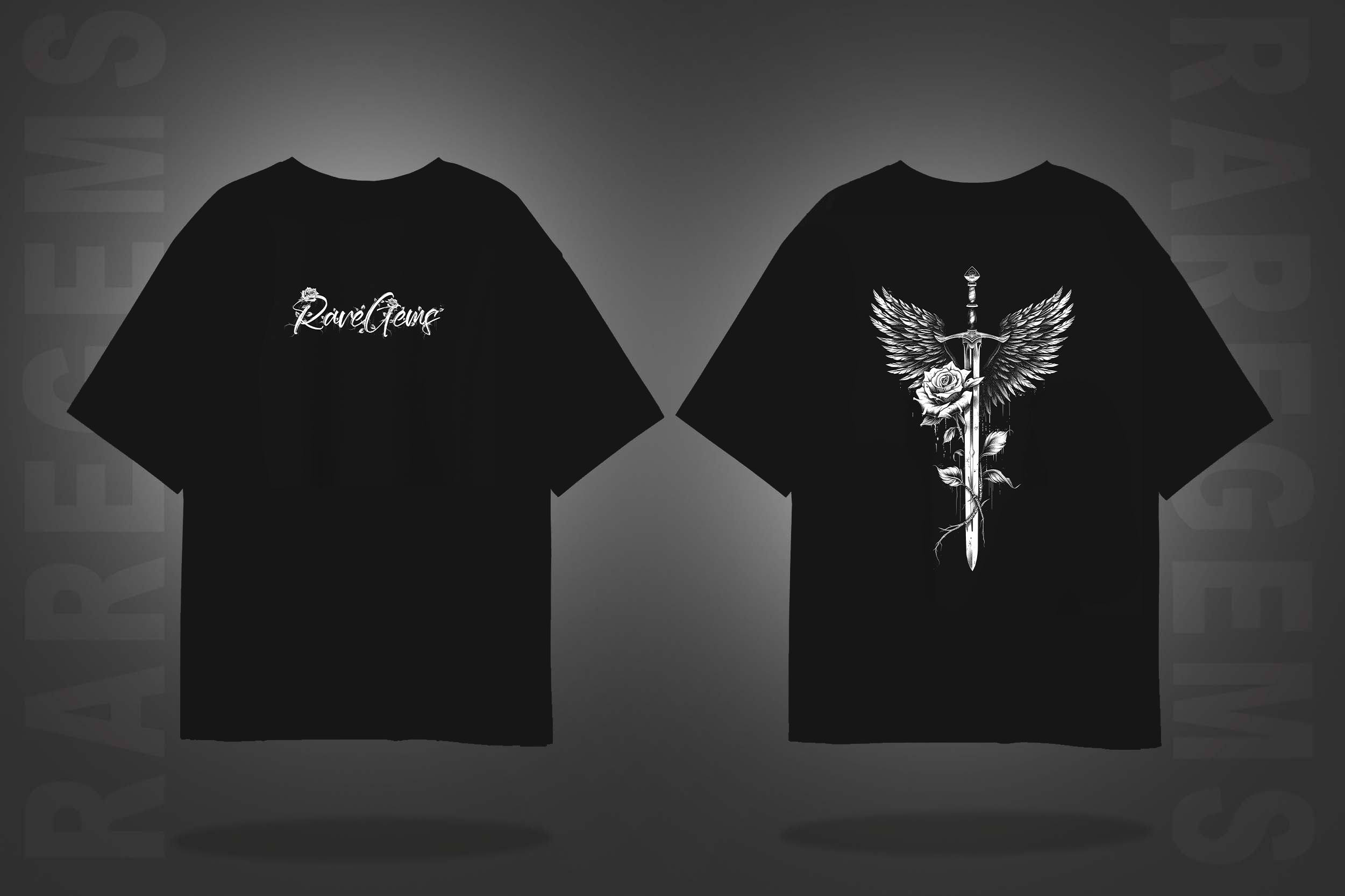 Black Round Neck Half Sleeve Sword With White Rose Front Oversized T-Shirt