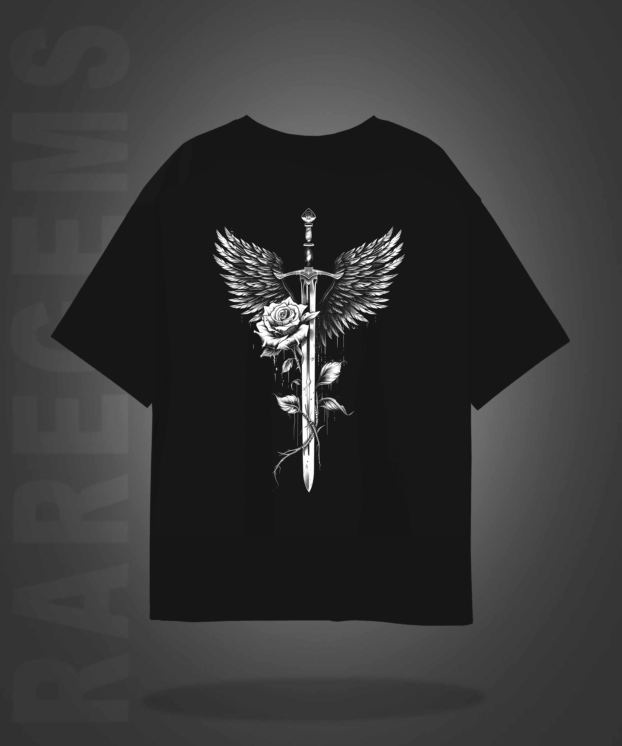Black Round Neck Half Sleeve Sword With White Rose Front Oversized T-Shirt
