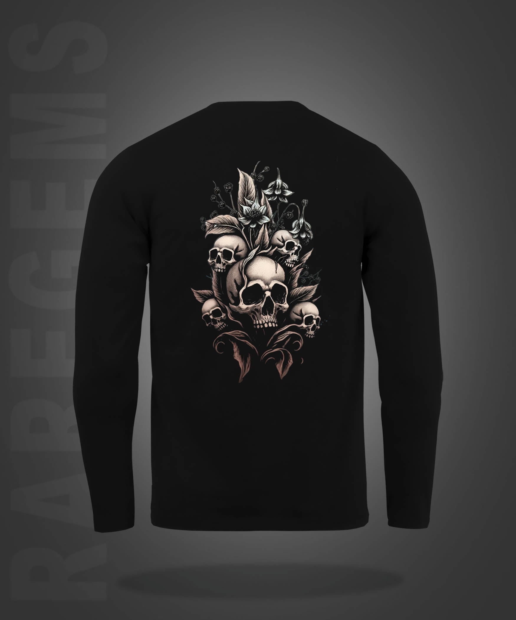 Black Round Neck Skulls With Flowers Printed Full Sleeves T-Shirt