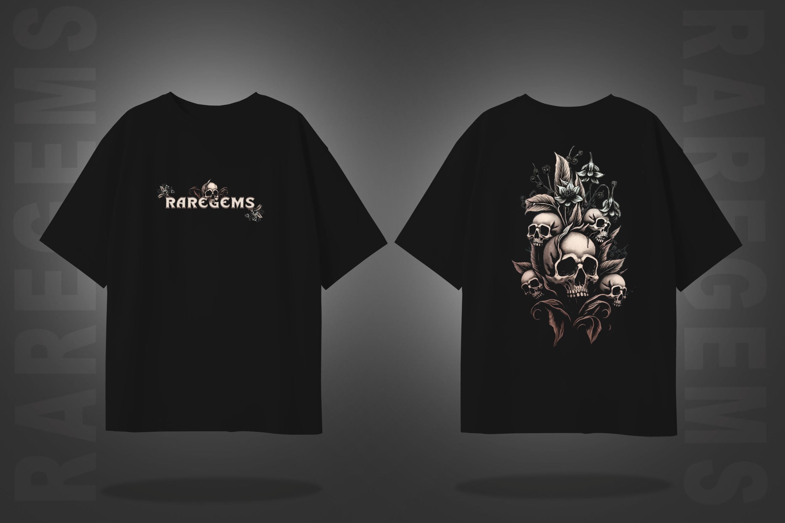 Black Half Sleeve Round Neck Skulls With Flowers Printed Oversized T-Shirt