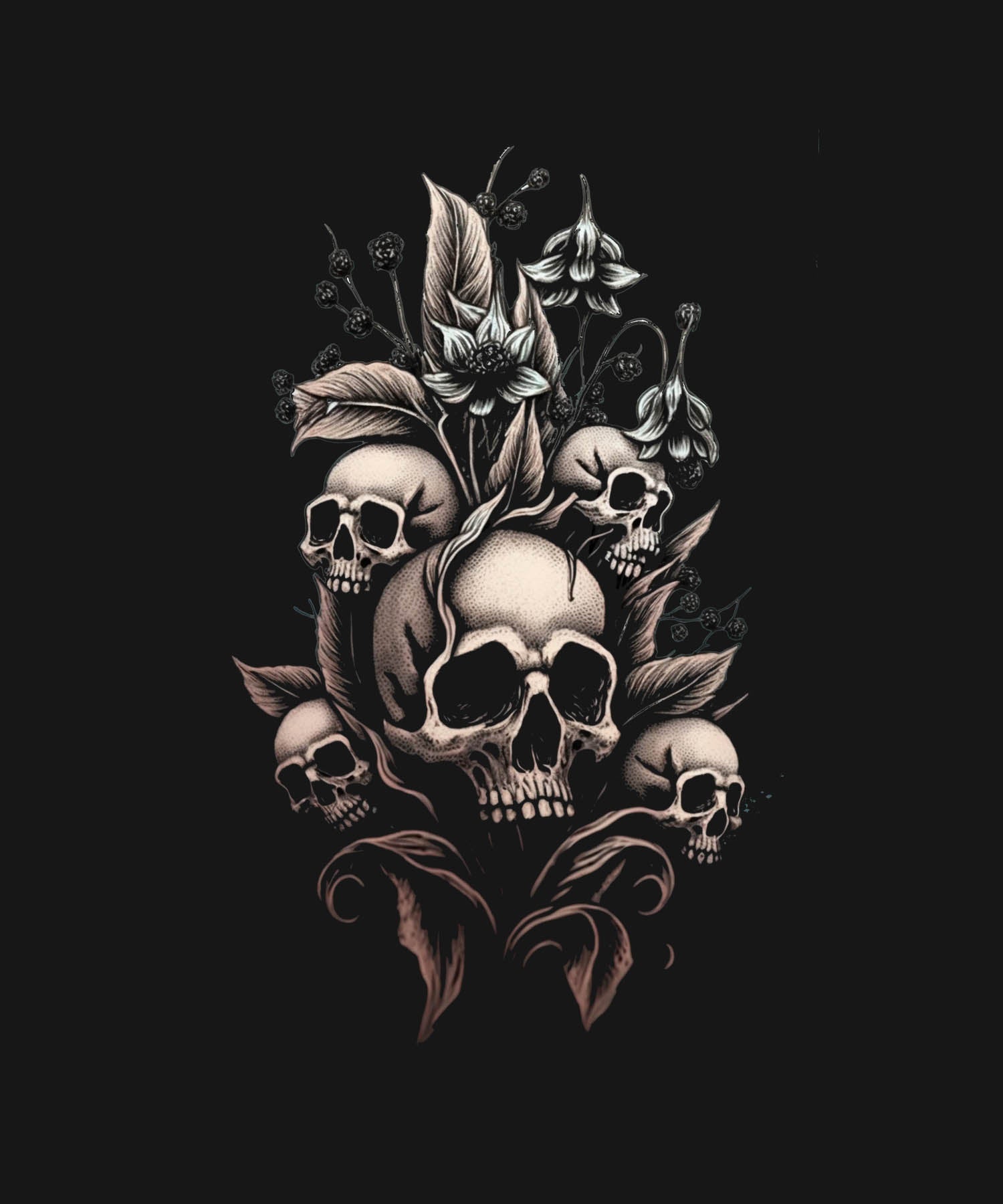 Black Half Sleeves Round Neck Skulls With Flowers Printed Regular T-Shirt