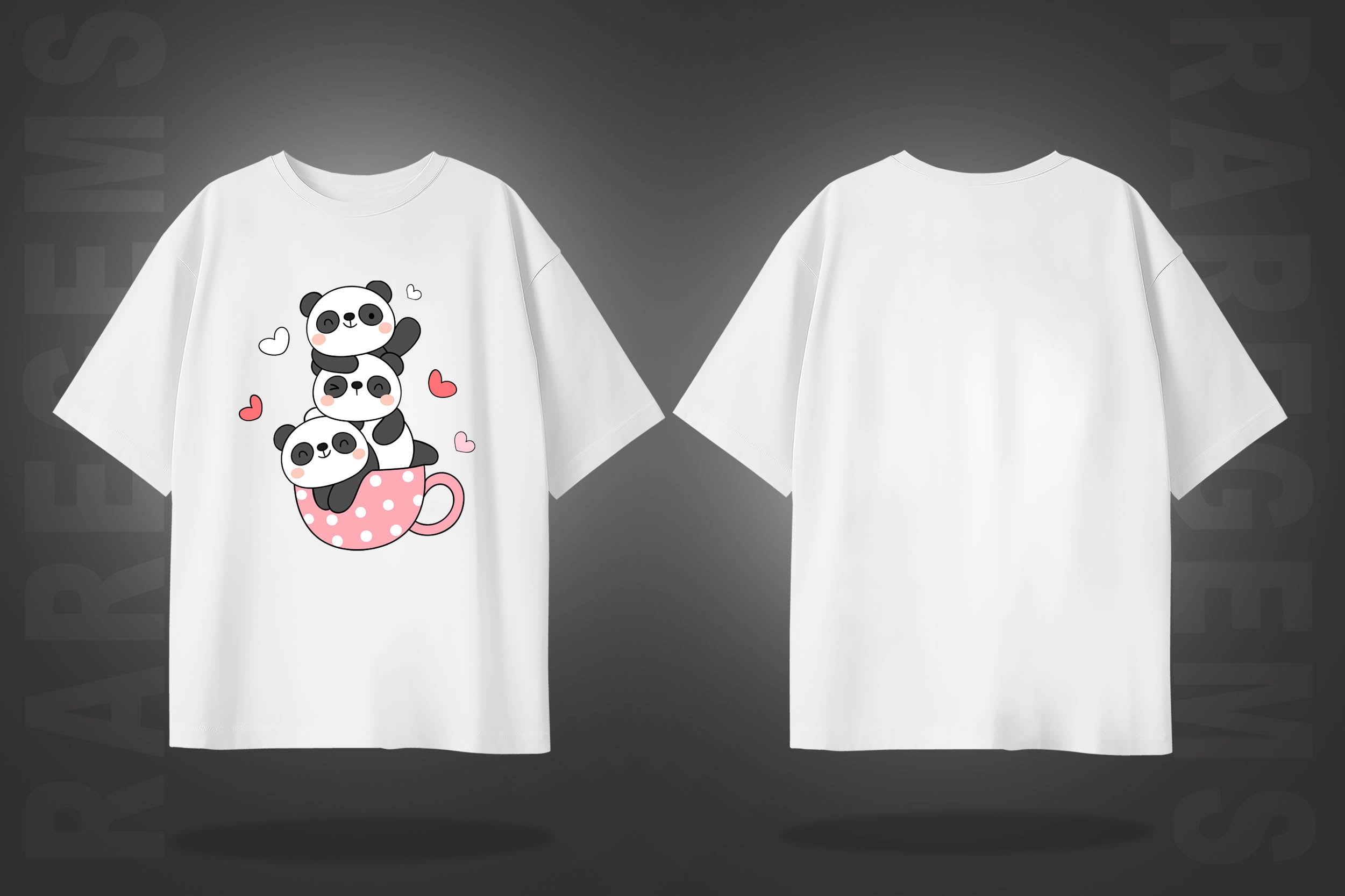 White Half Sleeve Round Neck Three Cute Pandas In A Cup Printed Oversized T-Shirt