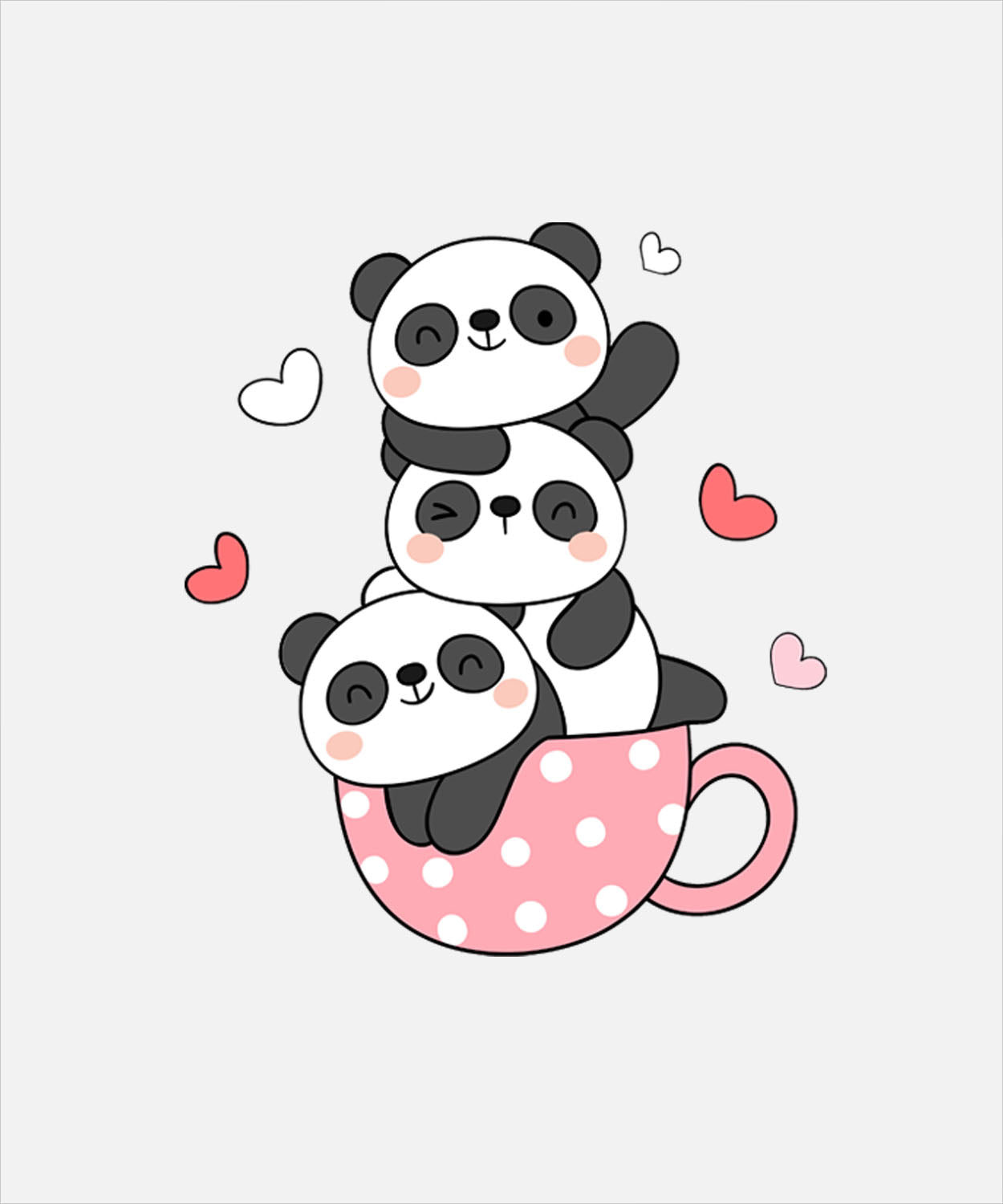 White Half Sleeve Round Neck Three Cute Pandas In A Cup Printed Oversized T-Shirt