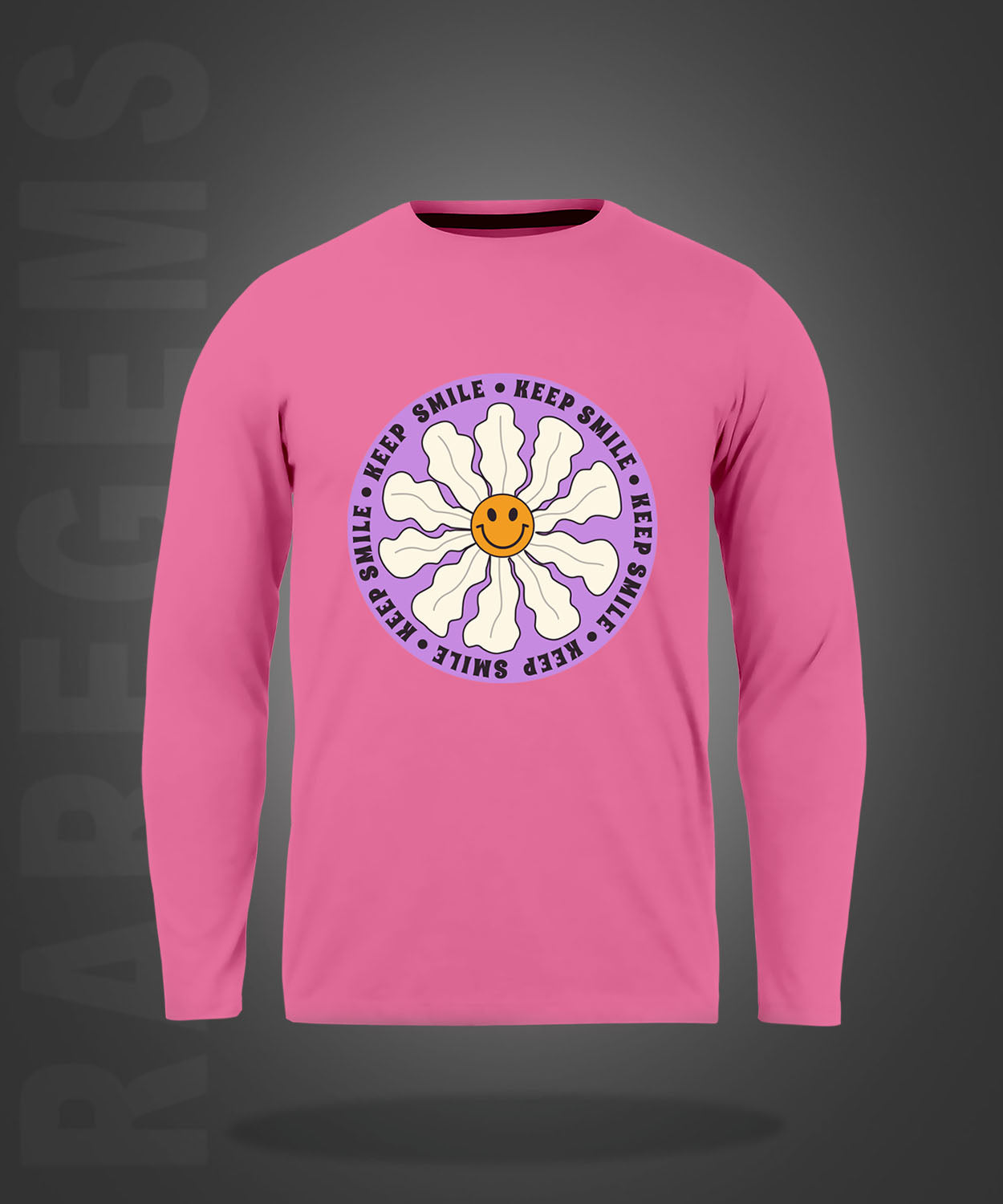 Pink Round Neck Keep Smile Printed Full Sleeves T-Shirt