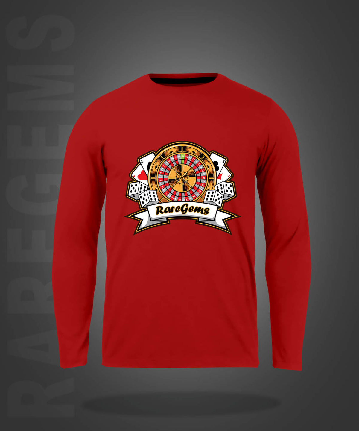 Red Round Neck Roulette And Dice Printed Full Sleeves T-Shirt