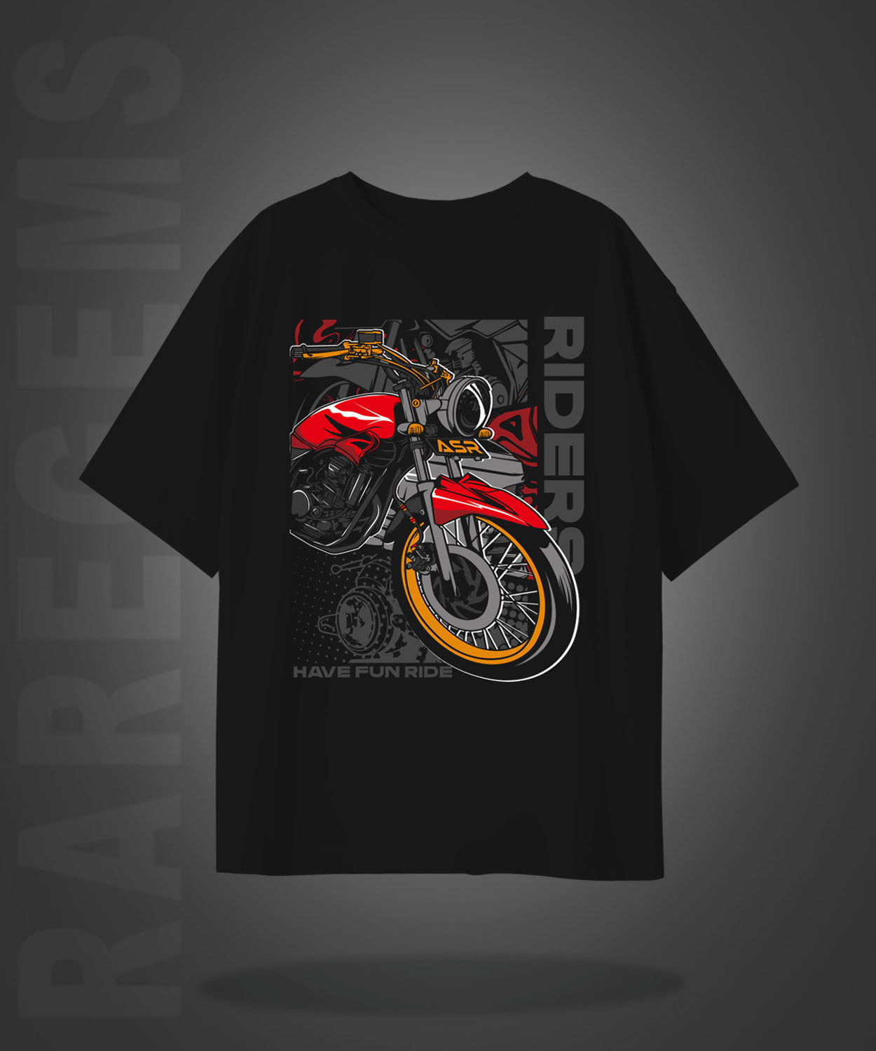 Black Half Sleeve Round Neck Bike And Rider Printed Oversized T-Shirt