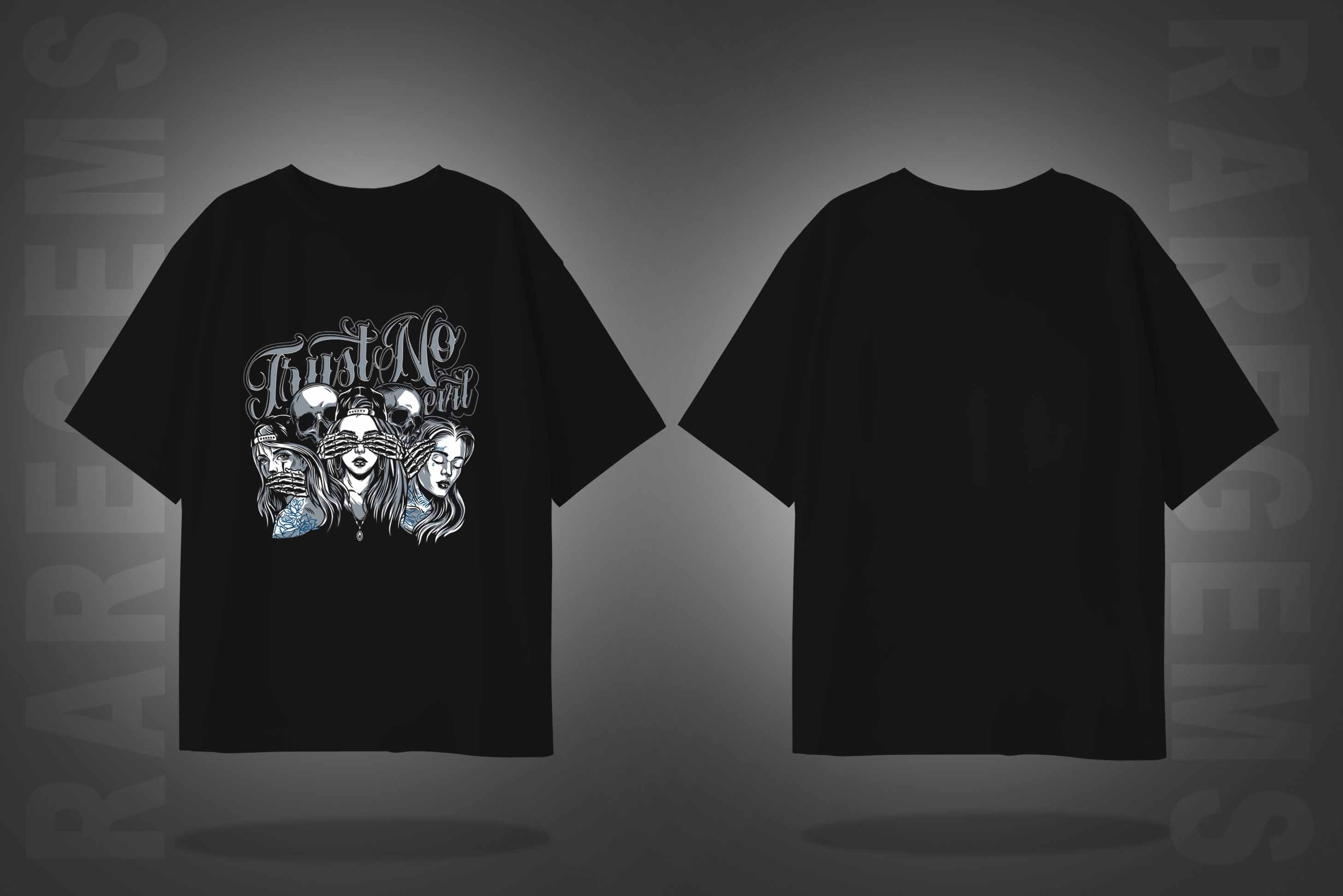 Black Half Sleeves Three Girls And Two Skulls Printed Oversized T-Shirt