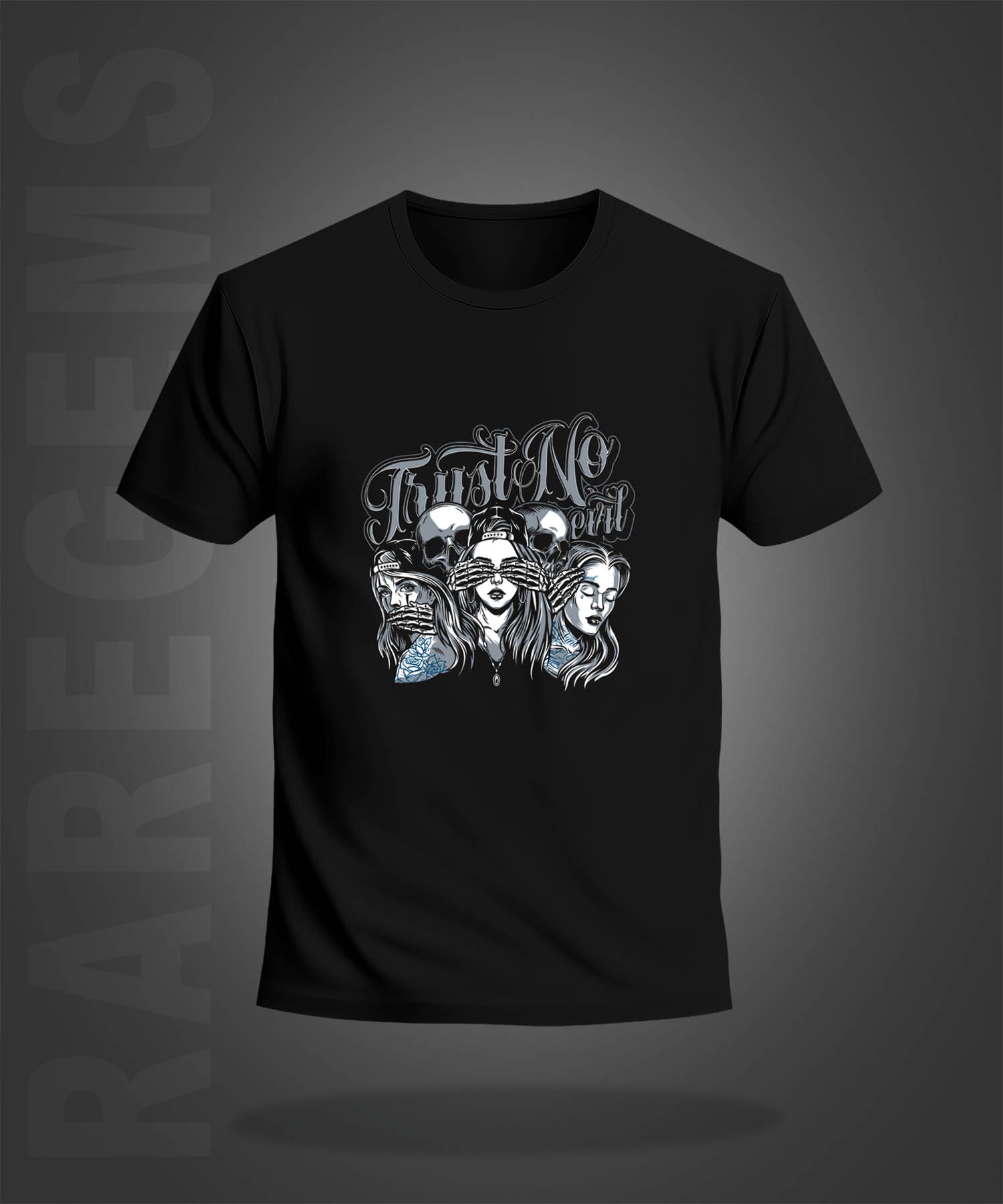 Black Half Sleeve Round Neck Three Girls And Two Skulls Printed Regular T-Shirt