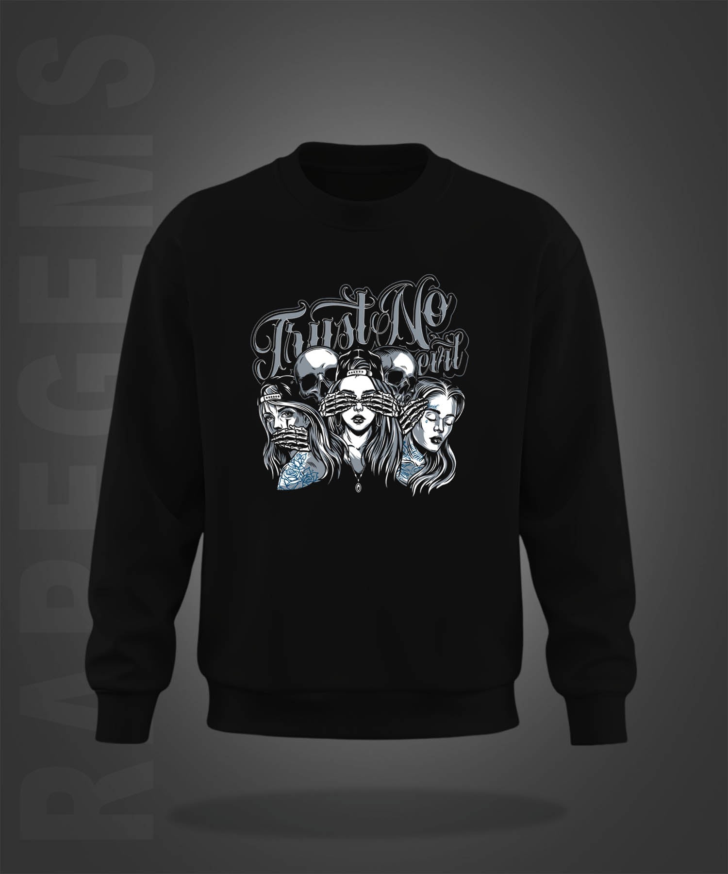 Black Round Neck Three Girls And Two Skulls Printed Sweatshirt