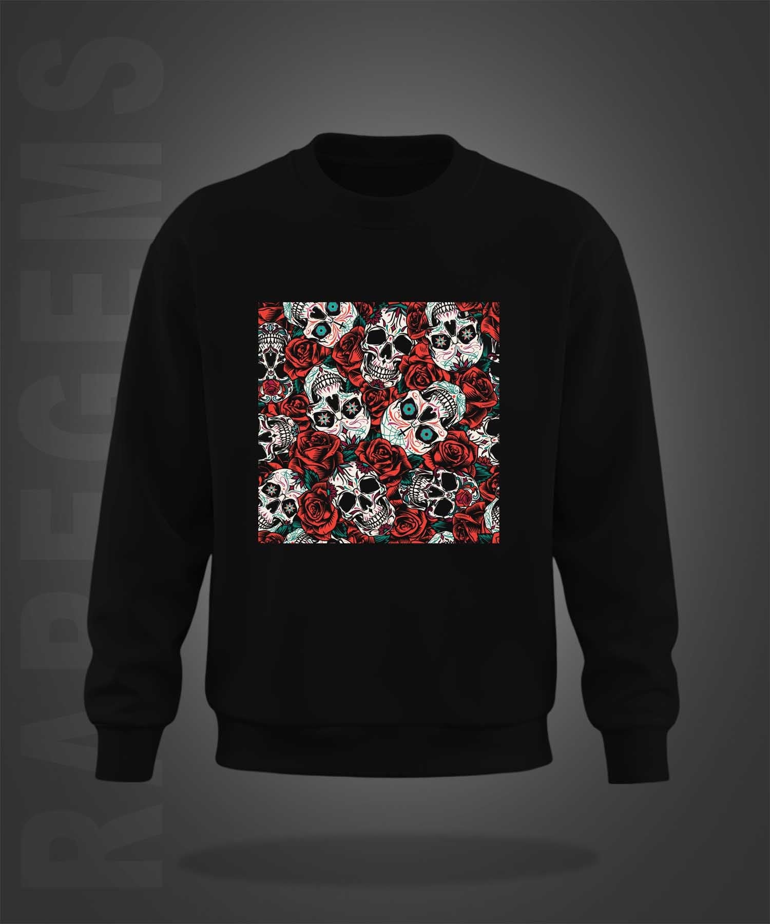 Black Round Neck Skulls And Roses Printed Sweatshirt