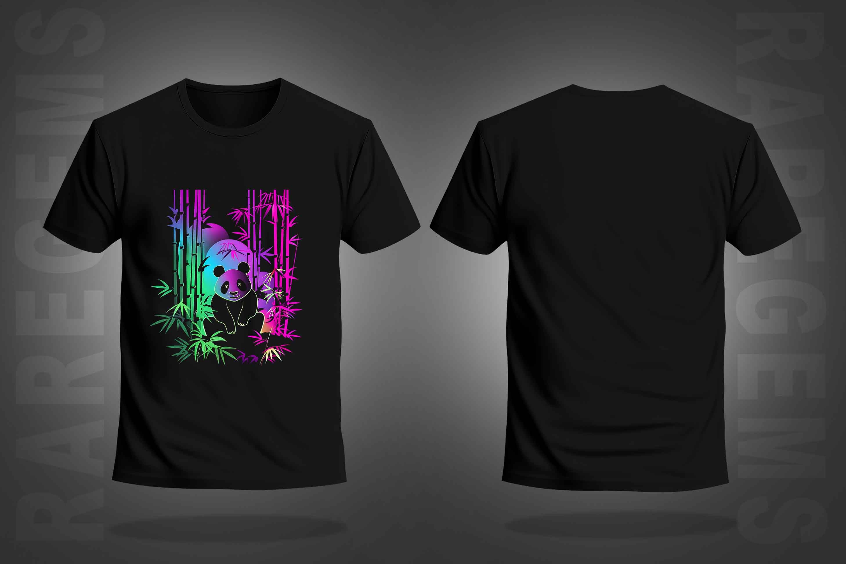 Black Half Sleeve Round Neck Colorful Neon Panda Printed Regular T-Shirt