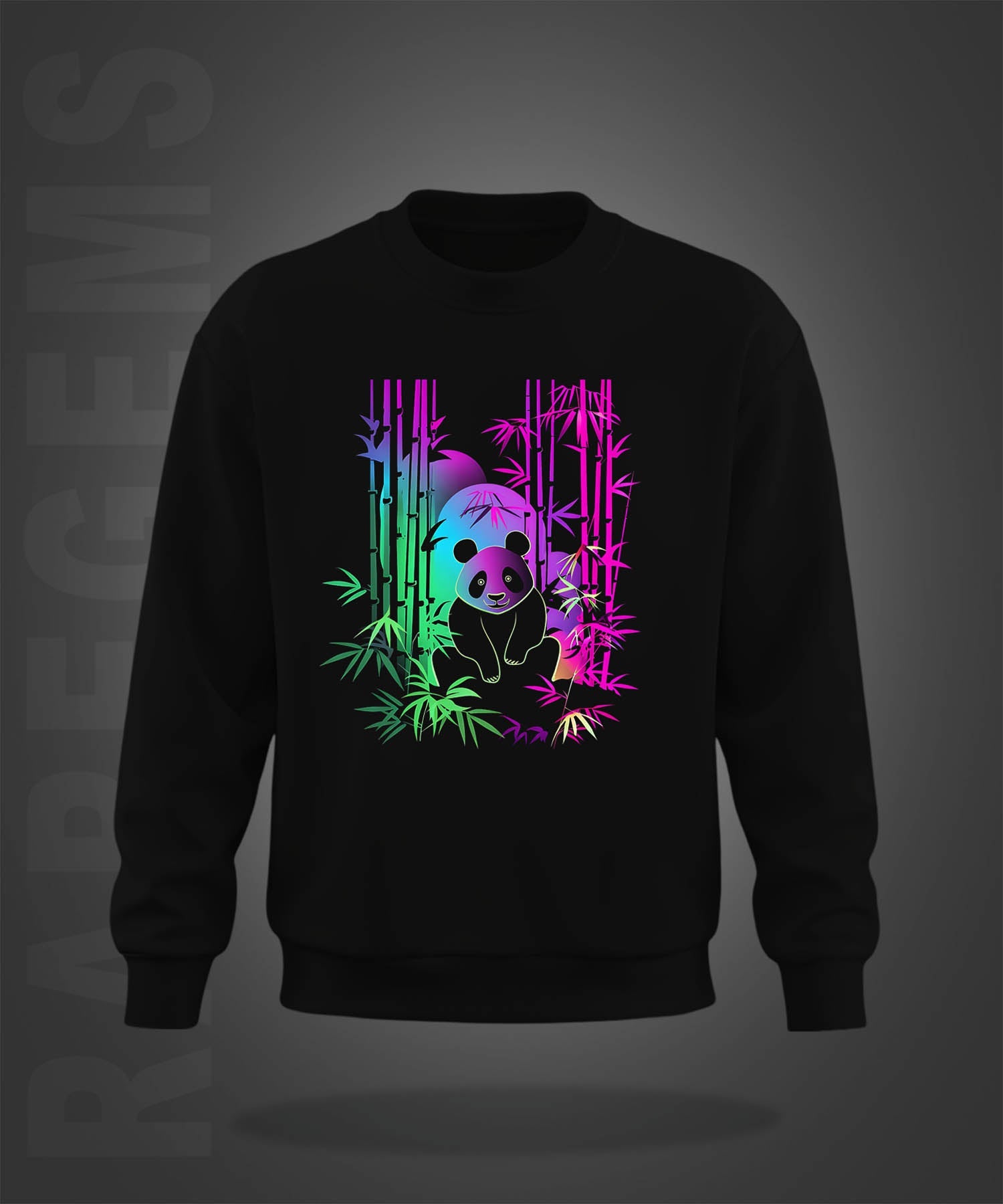 Black Round Neck Colorful Neon Panda Printed Sweatshirt