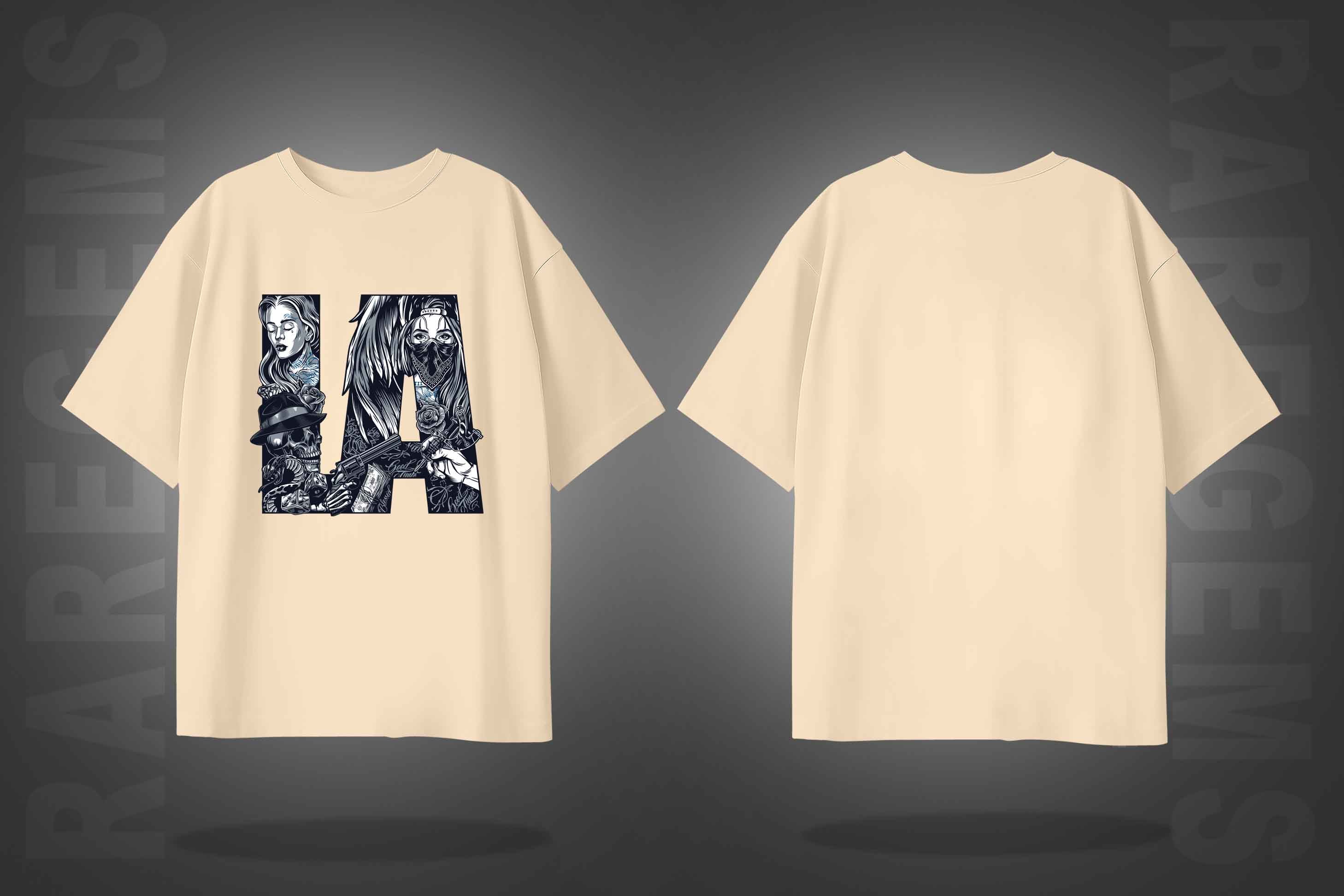 Beige Half Sleeve Round Neck Los Angeles Printed Oversized T-Shirt