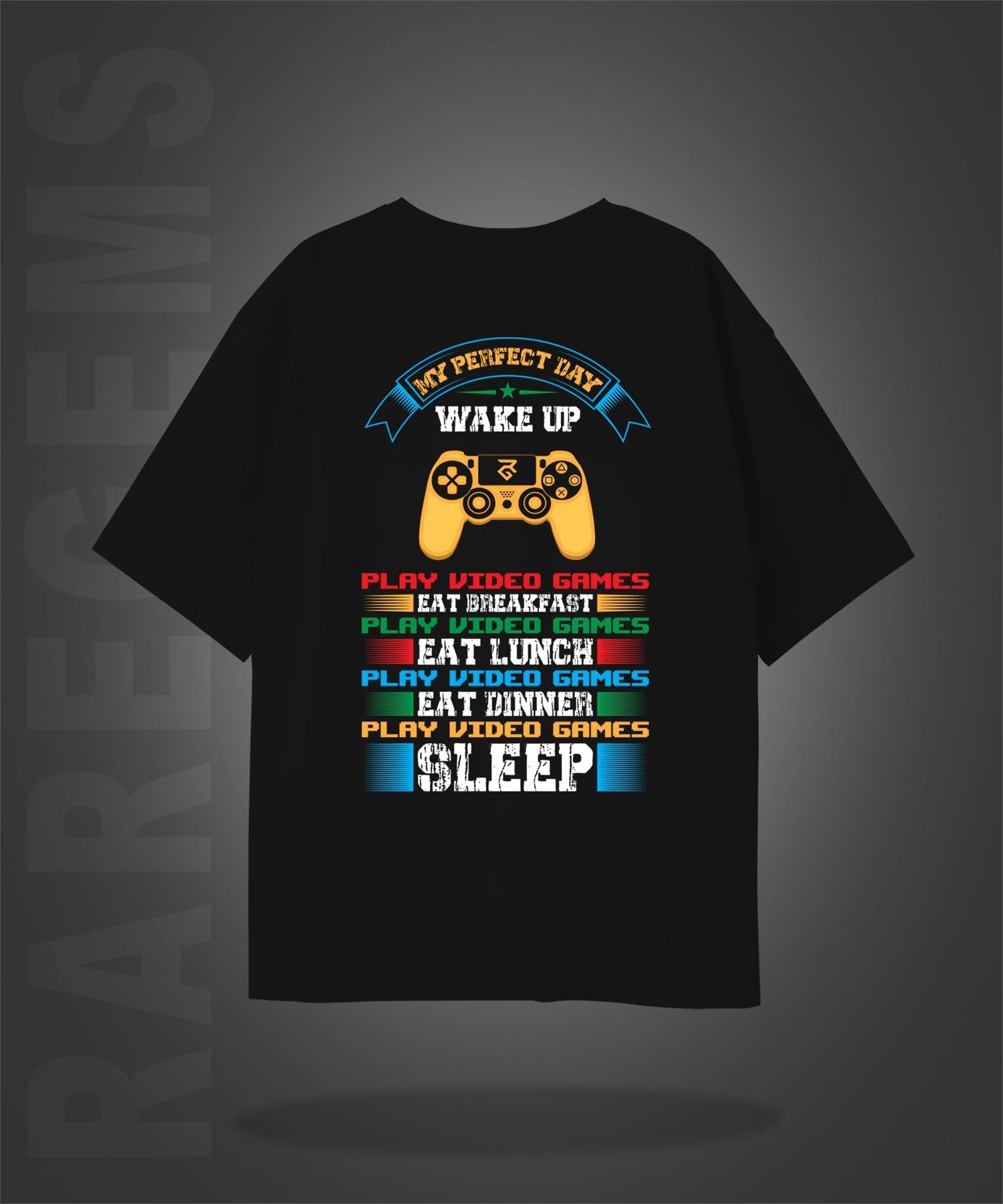 Black Half Sleeve Round Neck Gaming Remote Printed Oversized T-Shirt