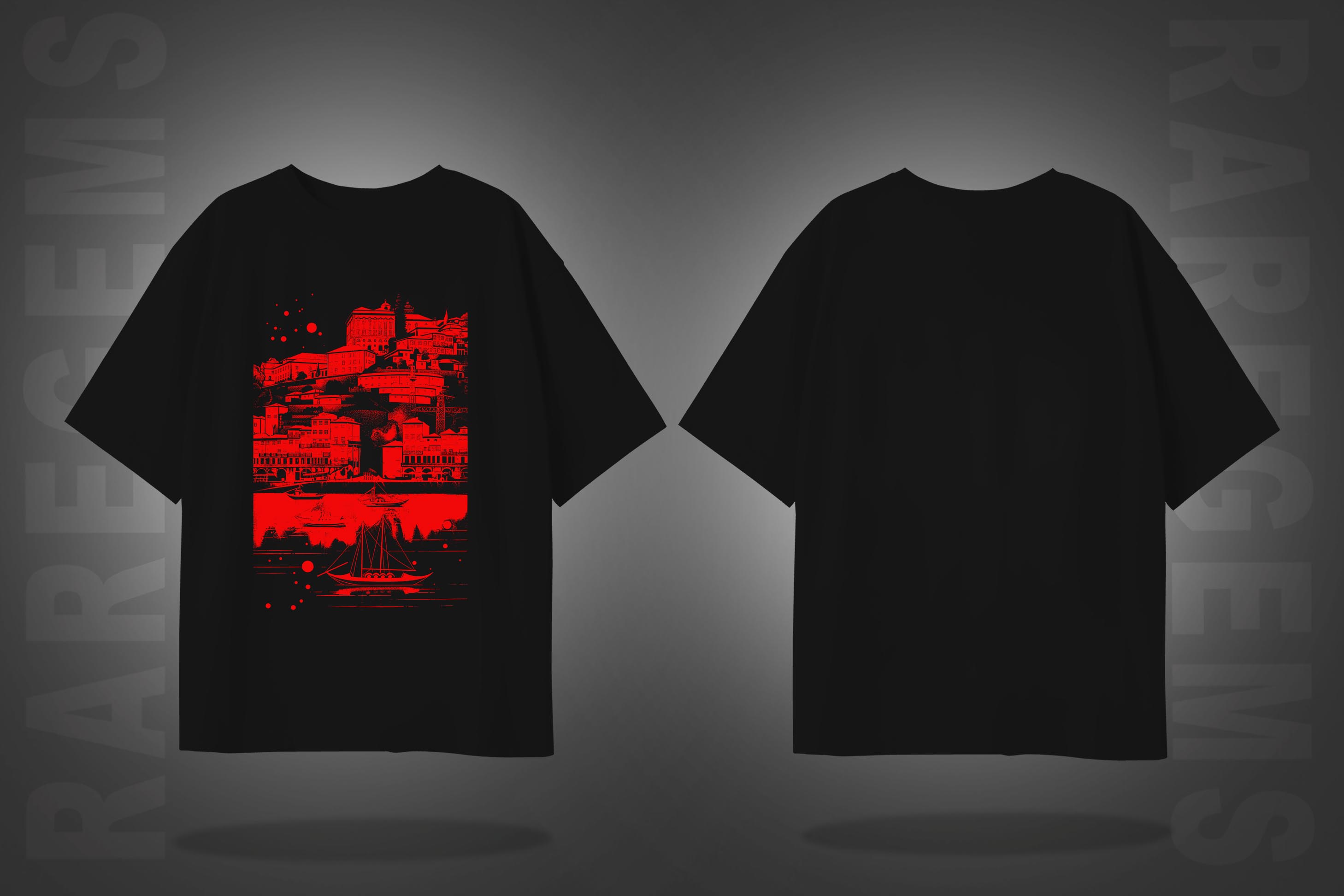 Black Half Sleeve Round Neck Red City By The Sea Printed Oversized T-Shirt