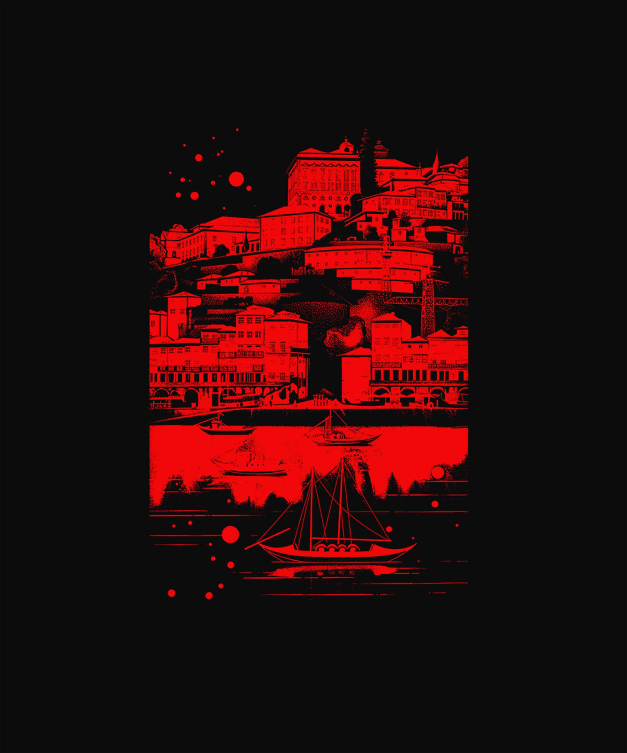 Black Half Sleeve Round Neck Red City By The Sea Printed Regular T-Shirt