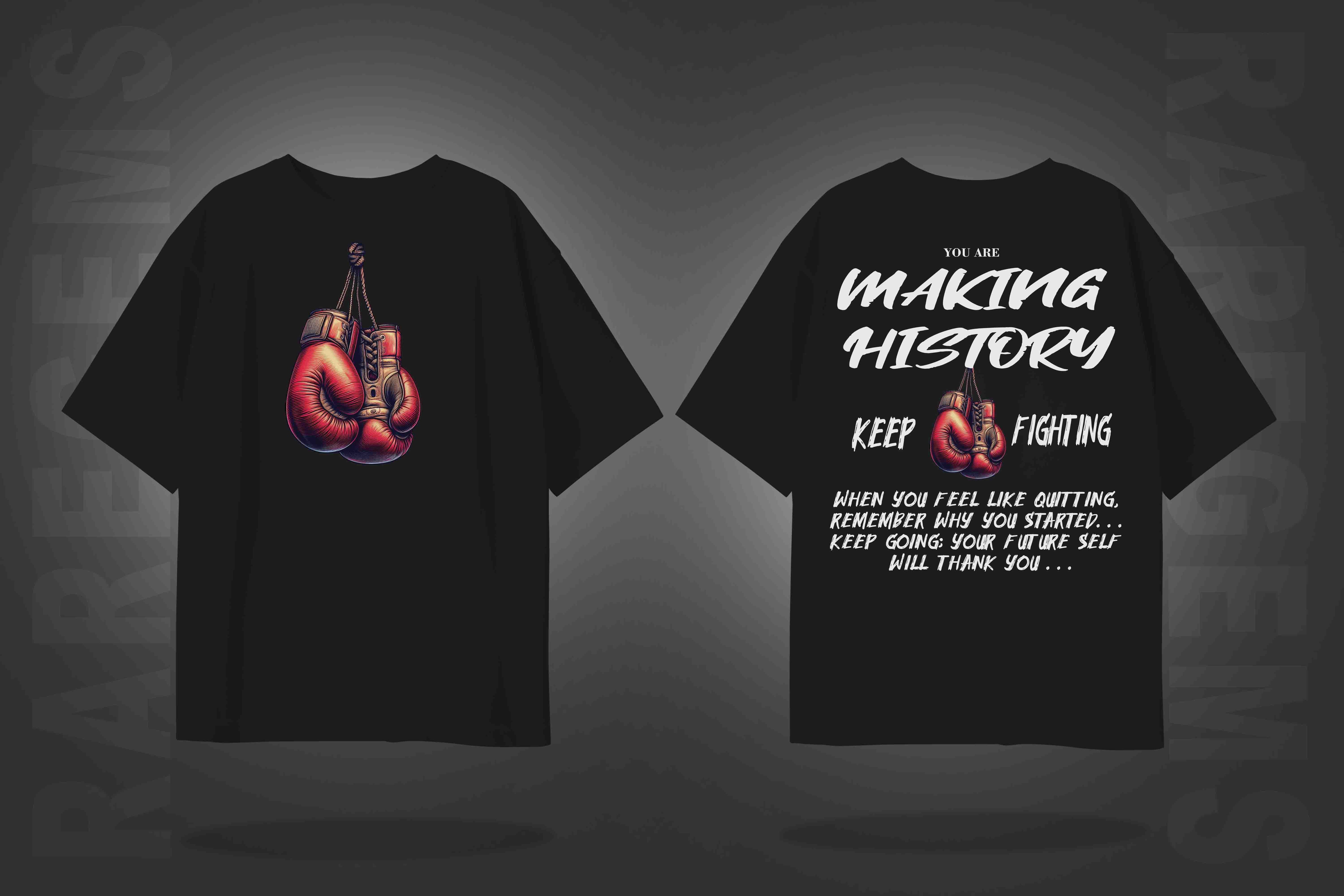 Black Half Sleeve Round Neck Boxing Gloves And Making History Printed Oversized T-Shirt