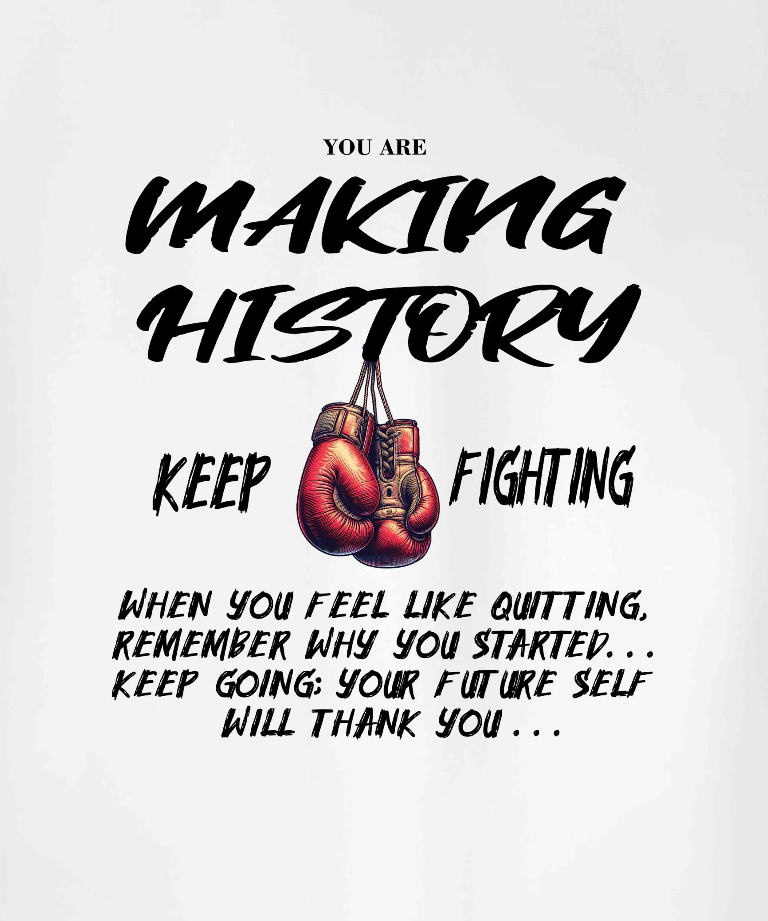 White Half Sleeve Round Neck Boxing Gloves And Making History Printed Oversized T-Shirt