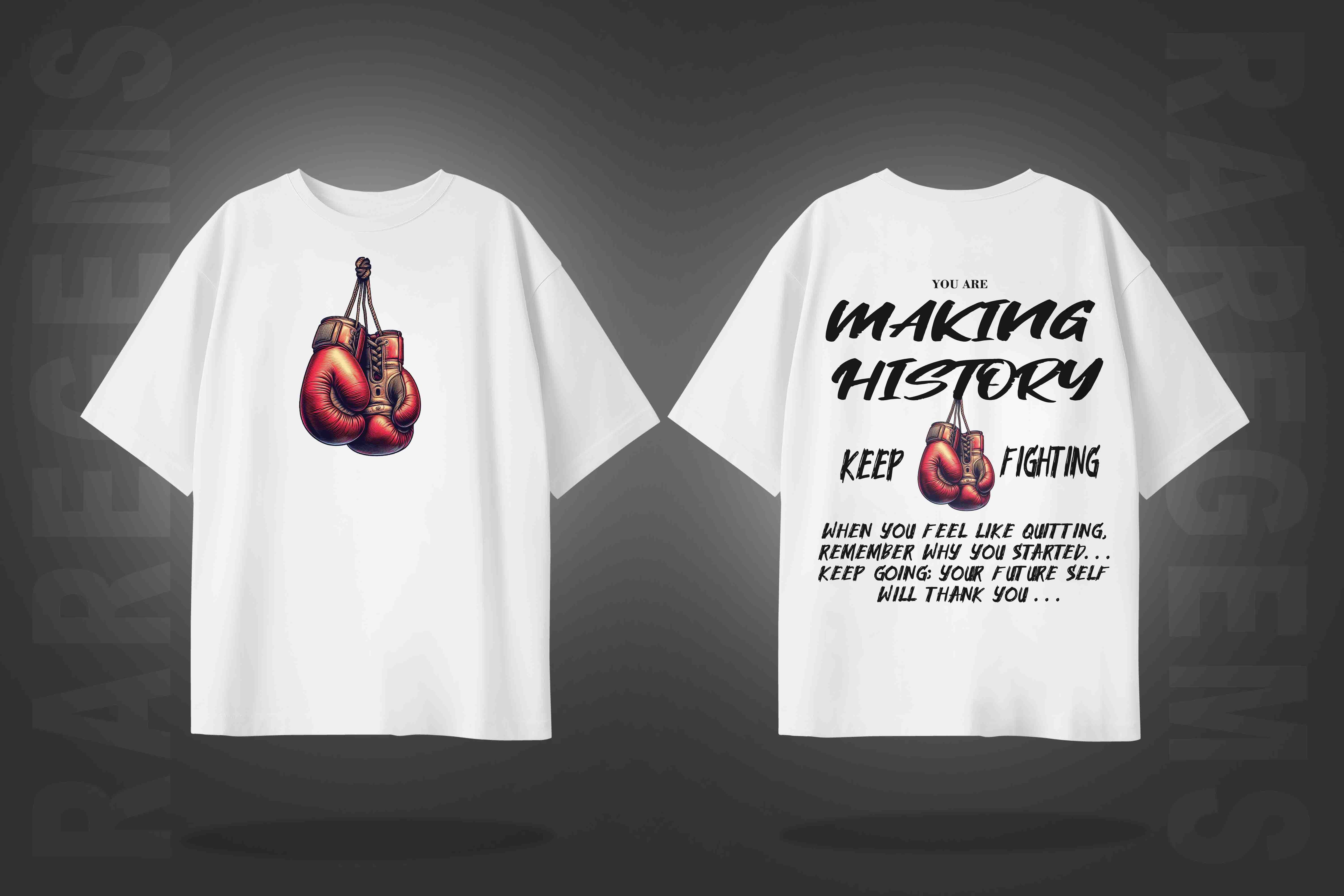 White Half Sleeve Round Neck Boxing Gloves And Making History Printed Oversized T-Shirt