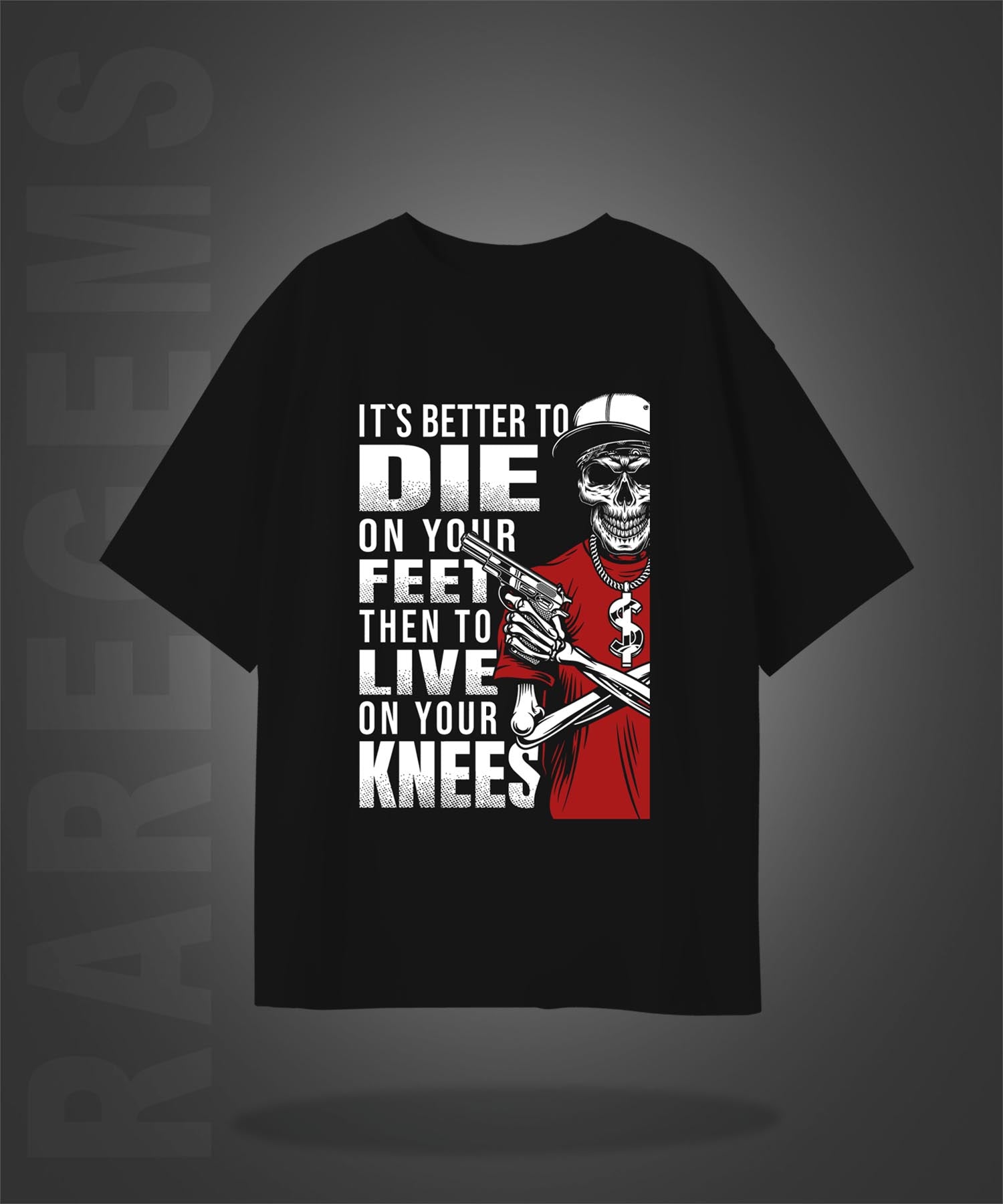 Black Half Sleeve Round Neck Cool Skeleton With Gun Printed Oversized T-Shirt