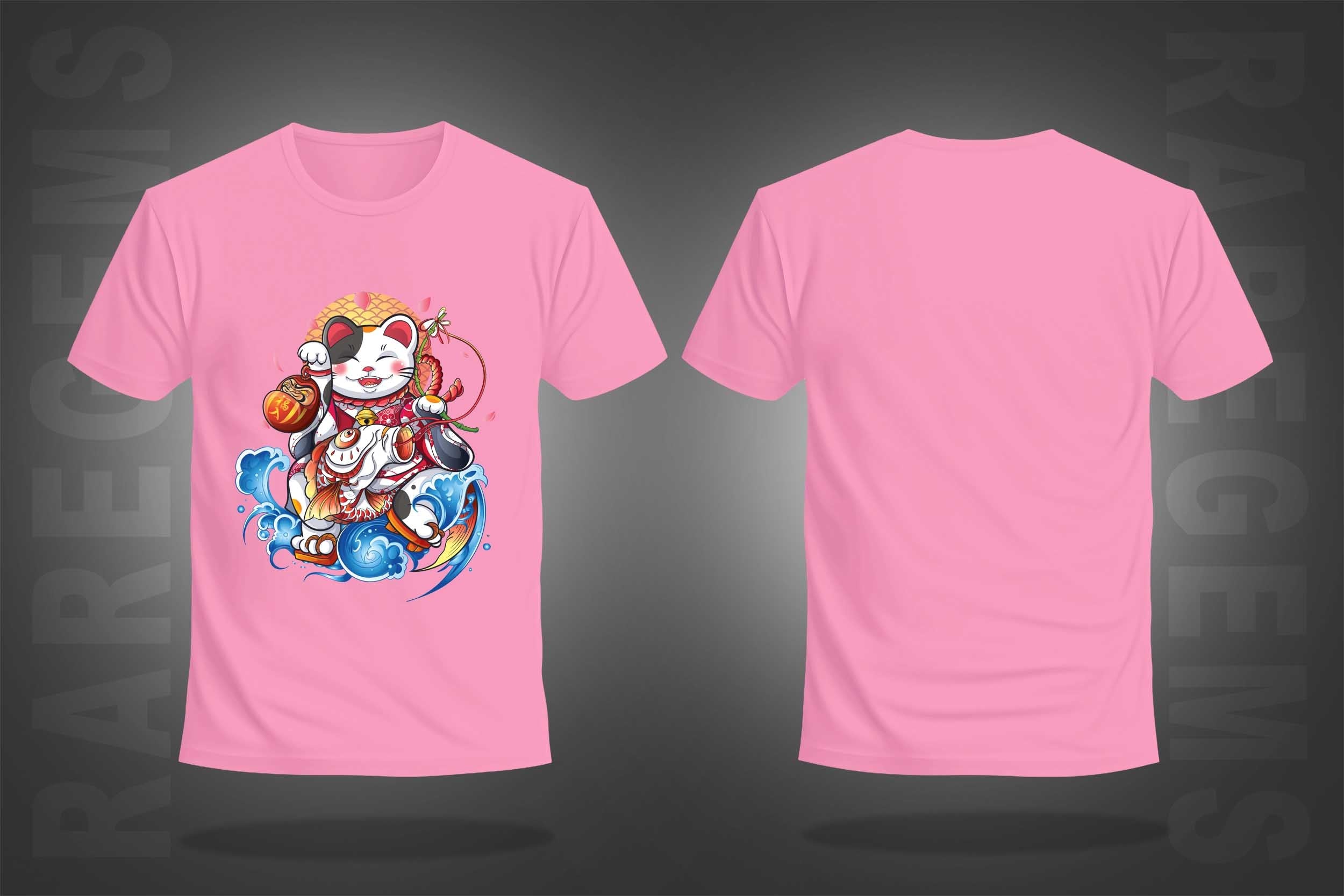 Pink Half Sleeve Round Neck Lucky Japanese Cat Art Printed Regular T-Shirt