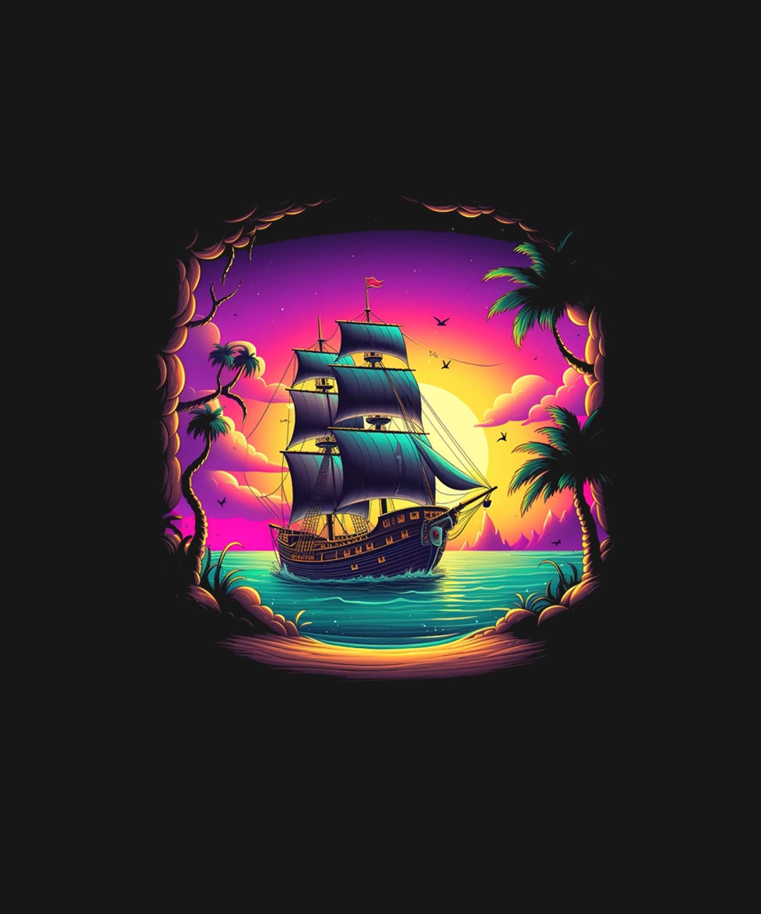 Black Half Sleeve Round Neck Sailing Ship Printed Regular T-Shirt