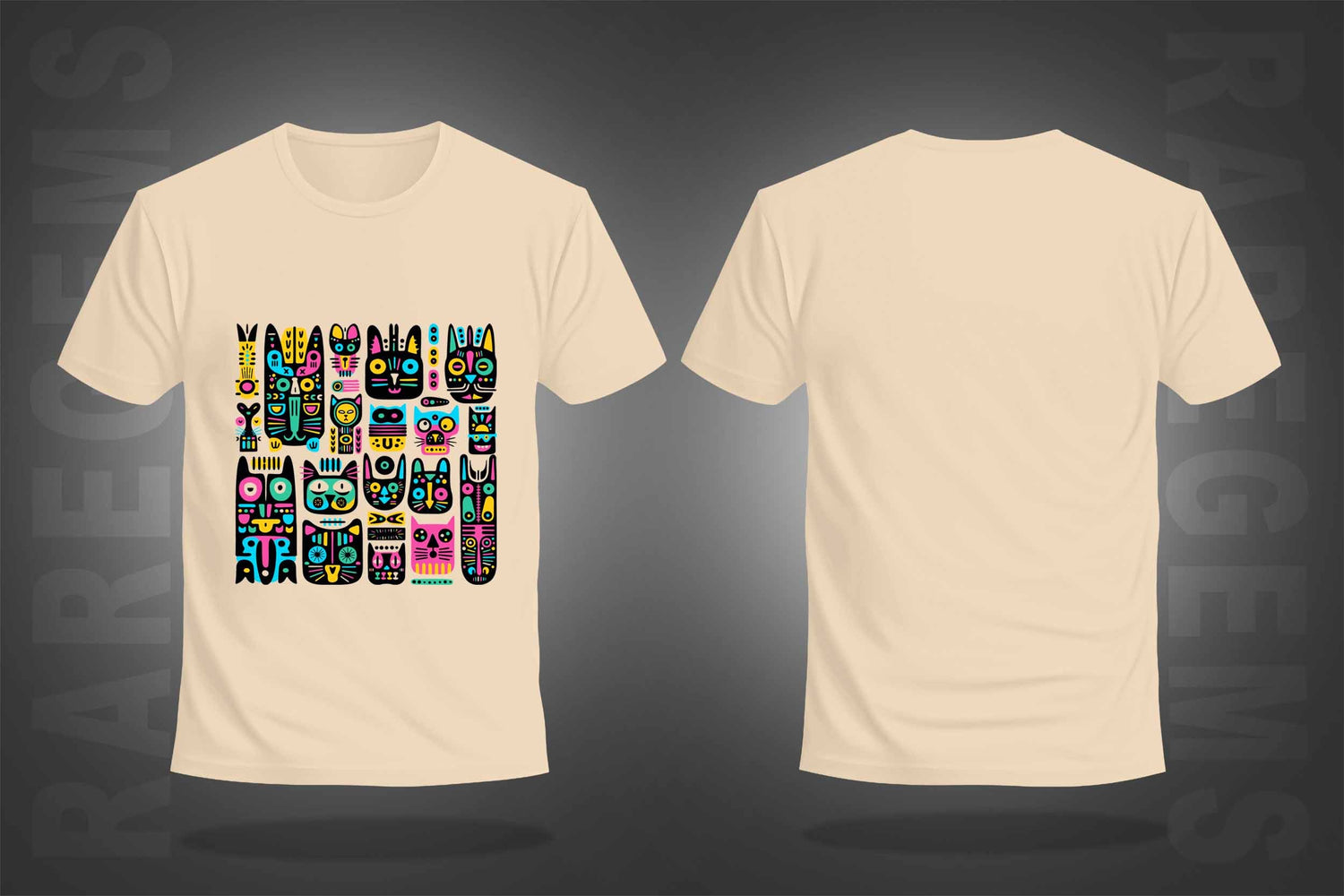 Beige Half Sleeve Round Neck Geometric Colorful Cats Printed Regular T-Shirt