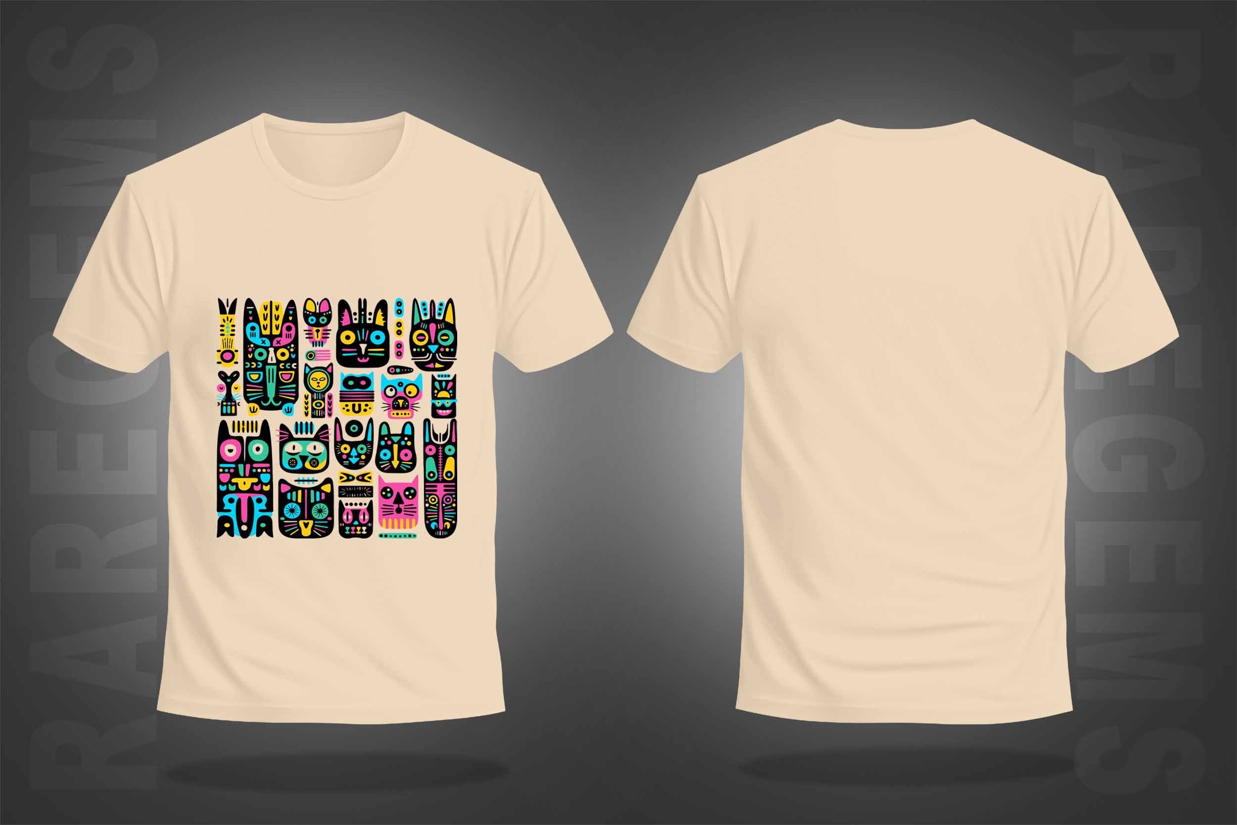 Beige Half Sleeve Round Neck Geometric Colorful Cats Printed Regular T-Shirt