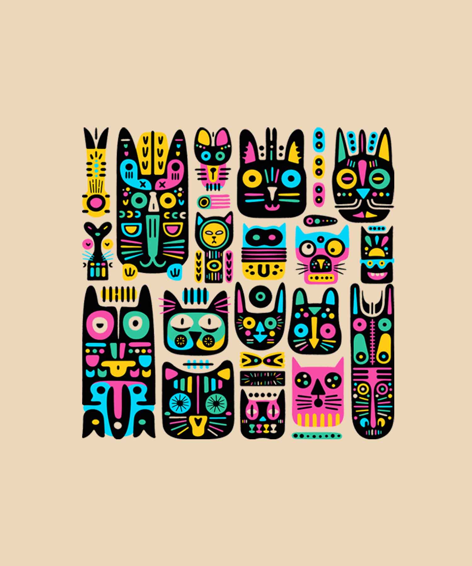 Beige Half Sleeve Round Neck Geometric Colorful Cats Printed Regular T-Shirt