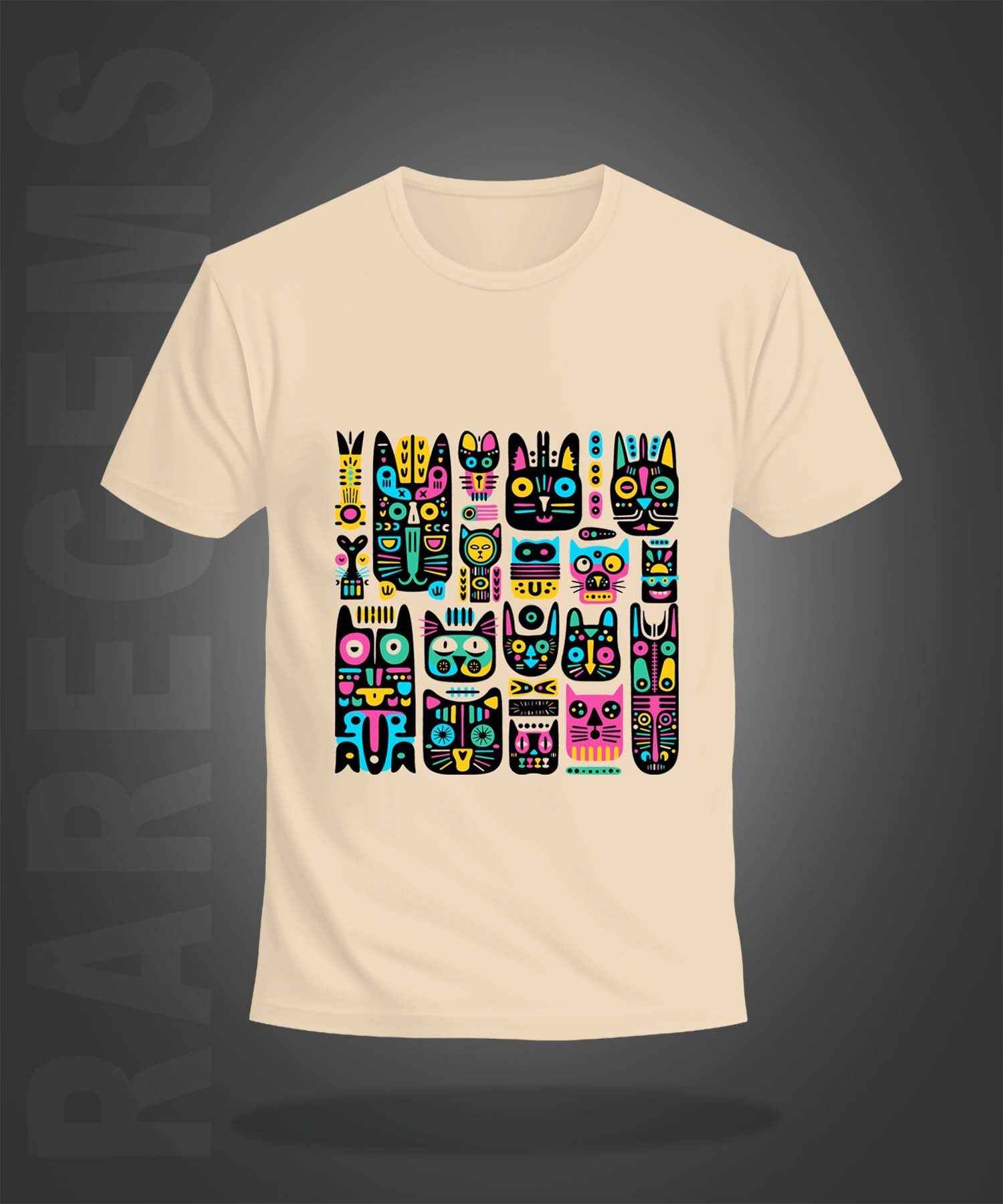 Beige Half Sleeve Round Neck Geometric Colorful Cats Printed Regular T-Shirt