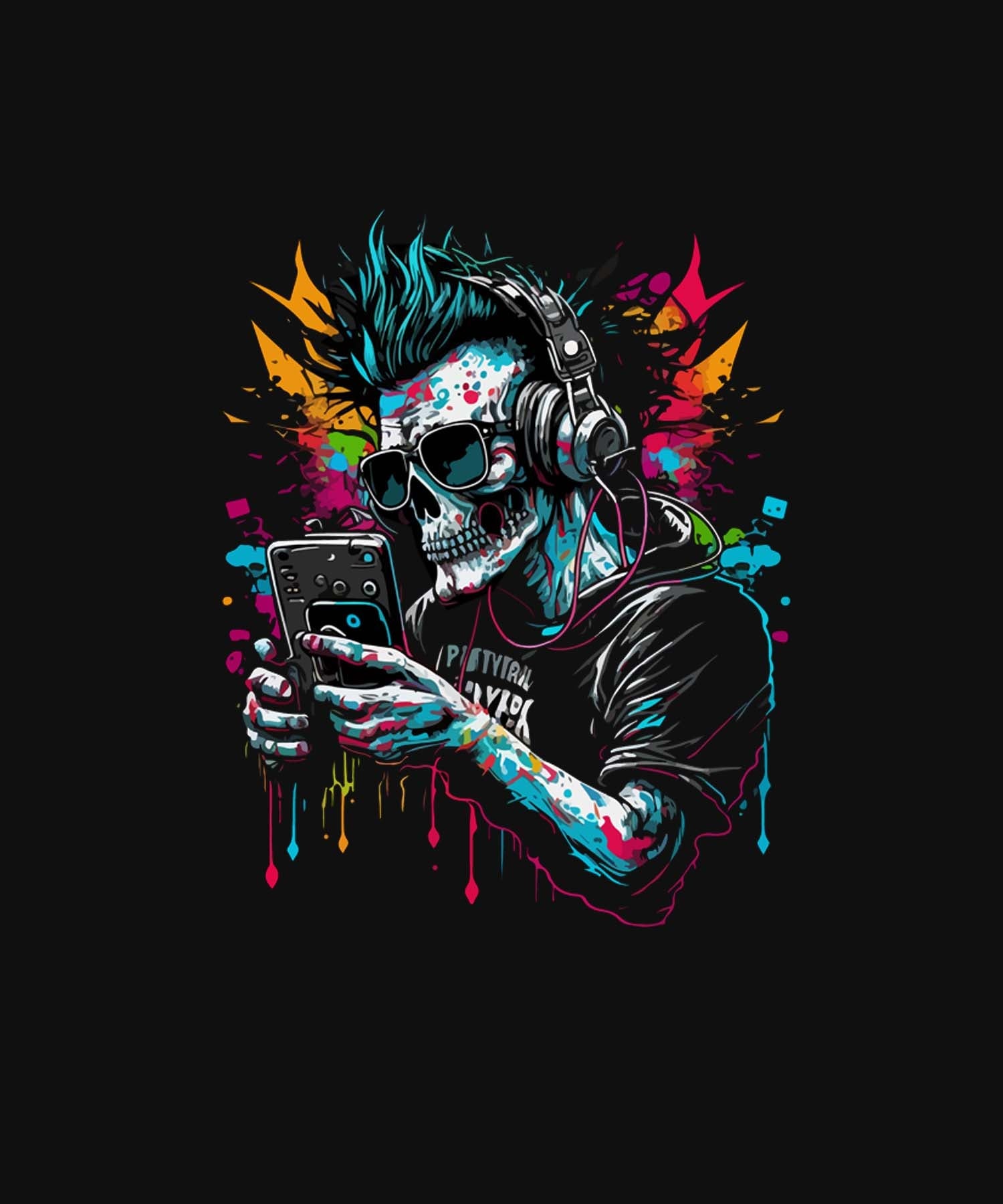 Black Half Sleeve Round Neck Cool Urban Skeleton Printed Regular T-Shirt