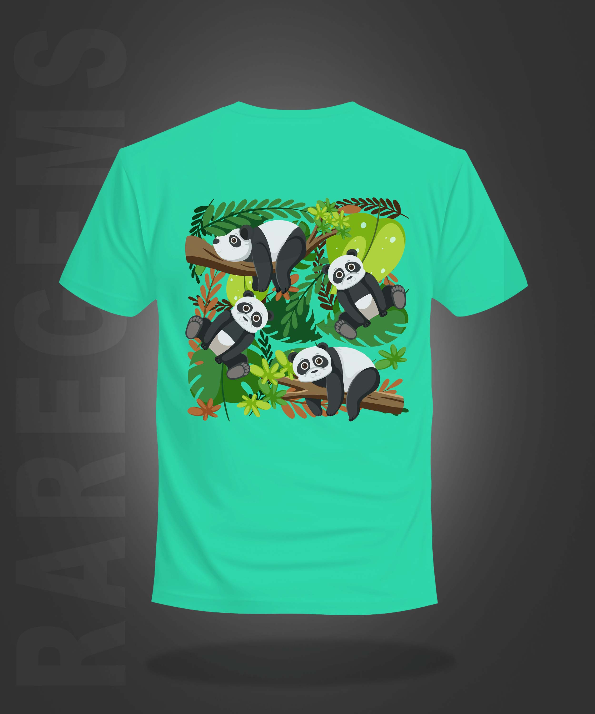 Mint Green Half Sleeve Round Neck Four Pandas Printed Regular T-Shirt