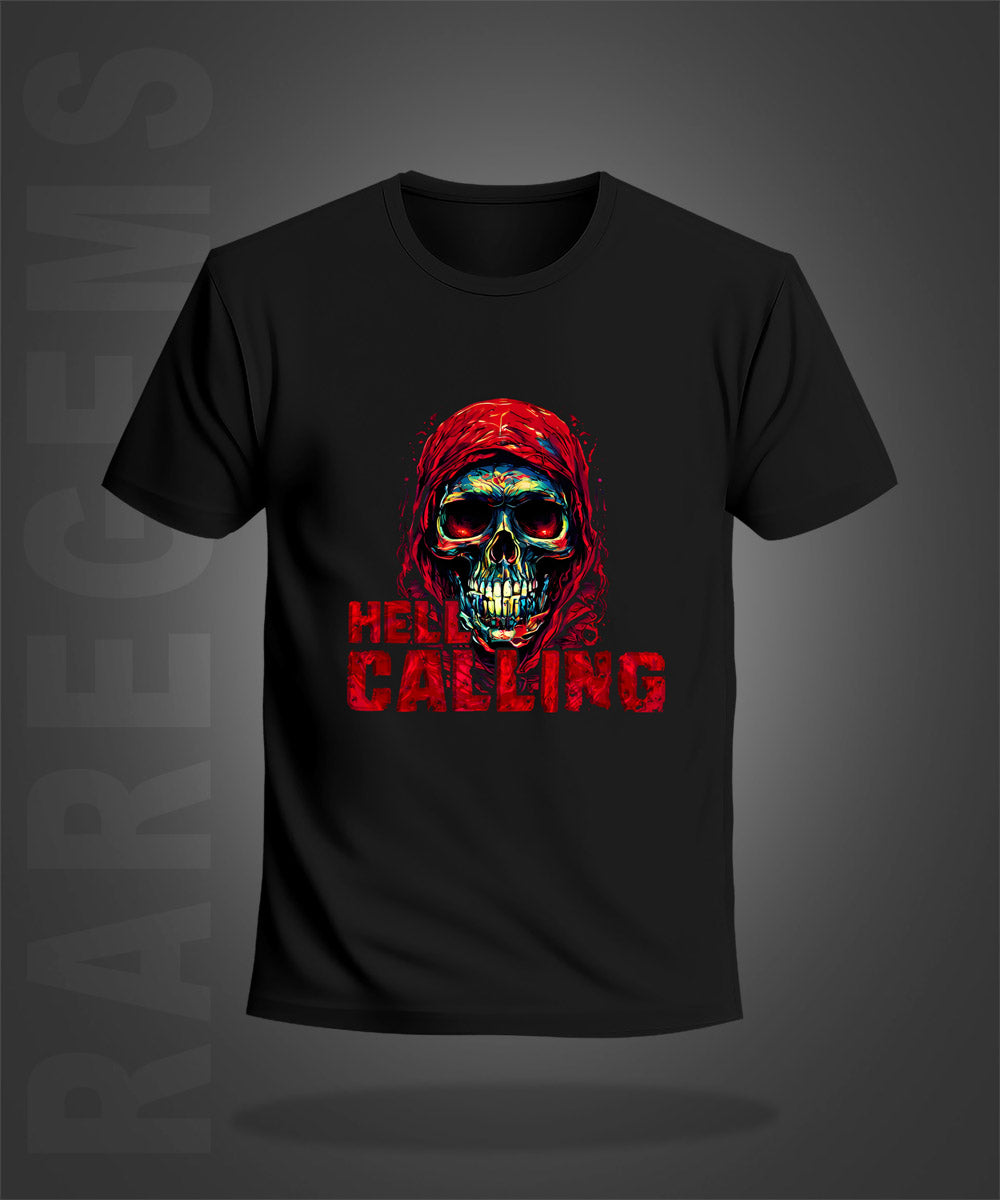 Black Half Sleeve Round Neck Hell Calling Skull Printed Regular T-Shirt