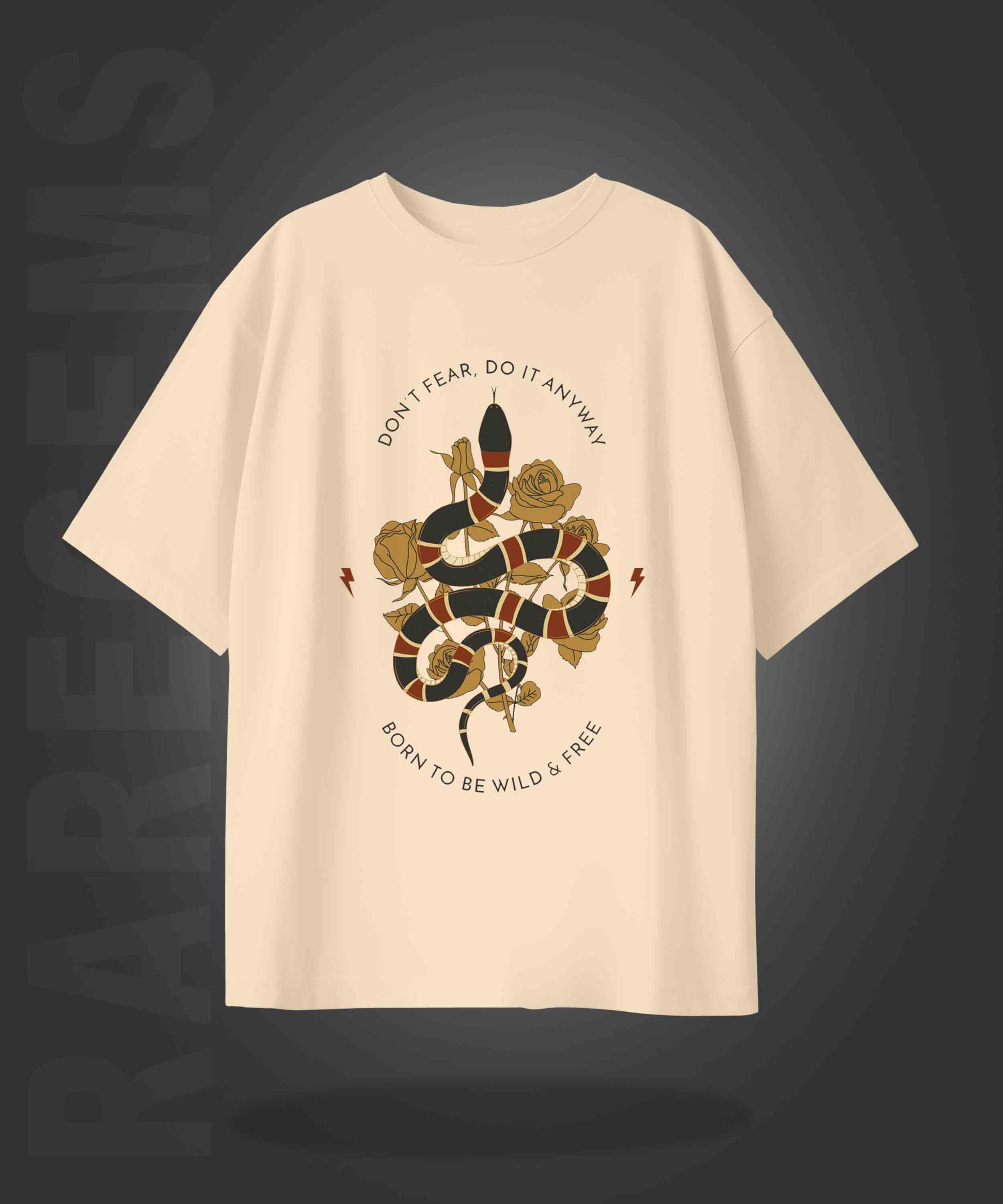 Beige Half Sleeve Round Neck Snake With Roses Printed Oversize T-Shirt